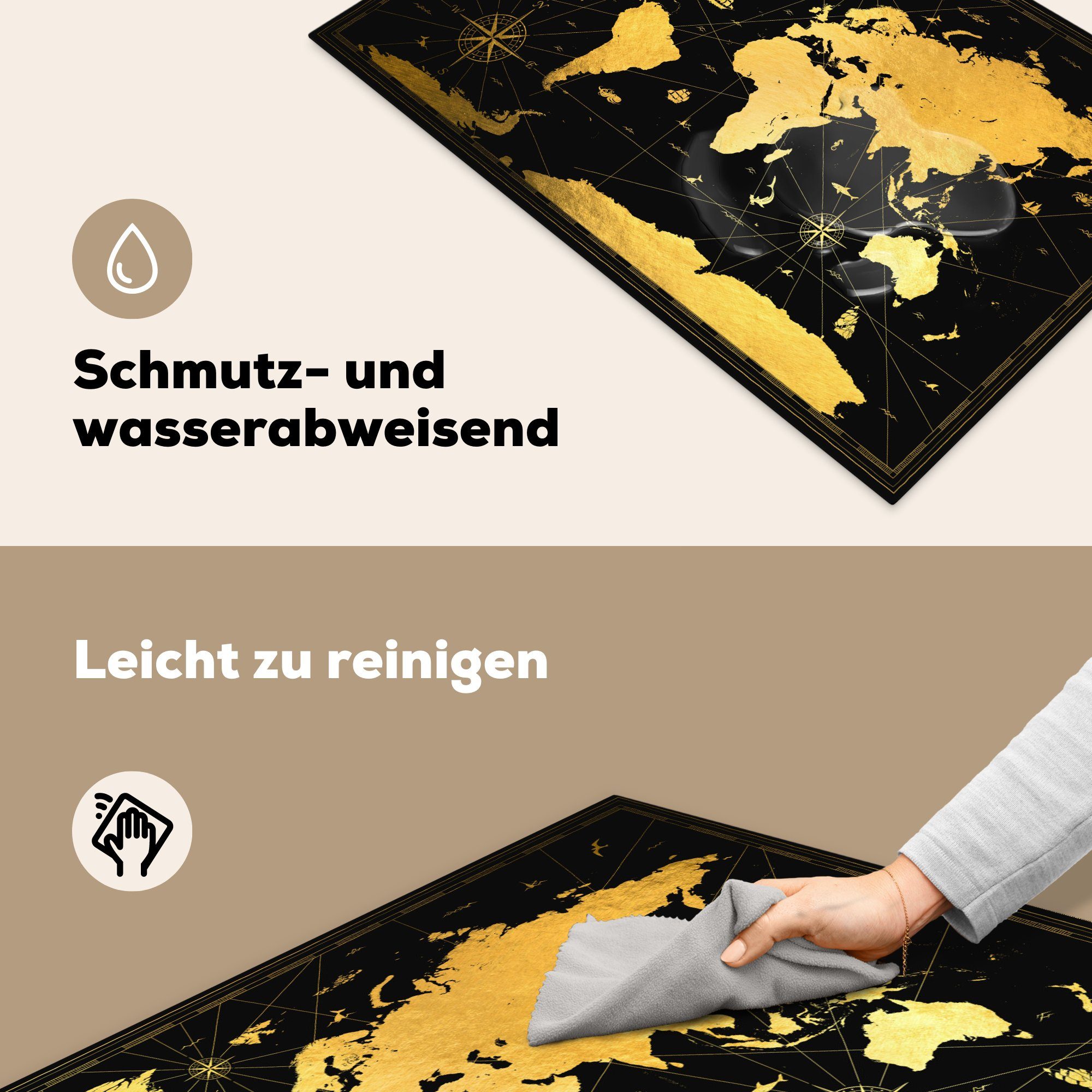 MuchoWow für - - Schutz - küche, Vinyl, (1 81x52 tlg), Ceranfeldabdeckung Schwarz Induktionskochfeld Gold cm, Weltkarte Luxus, Herdblende-/Abdeckplatte die