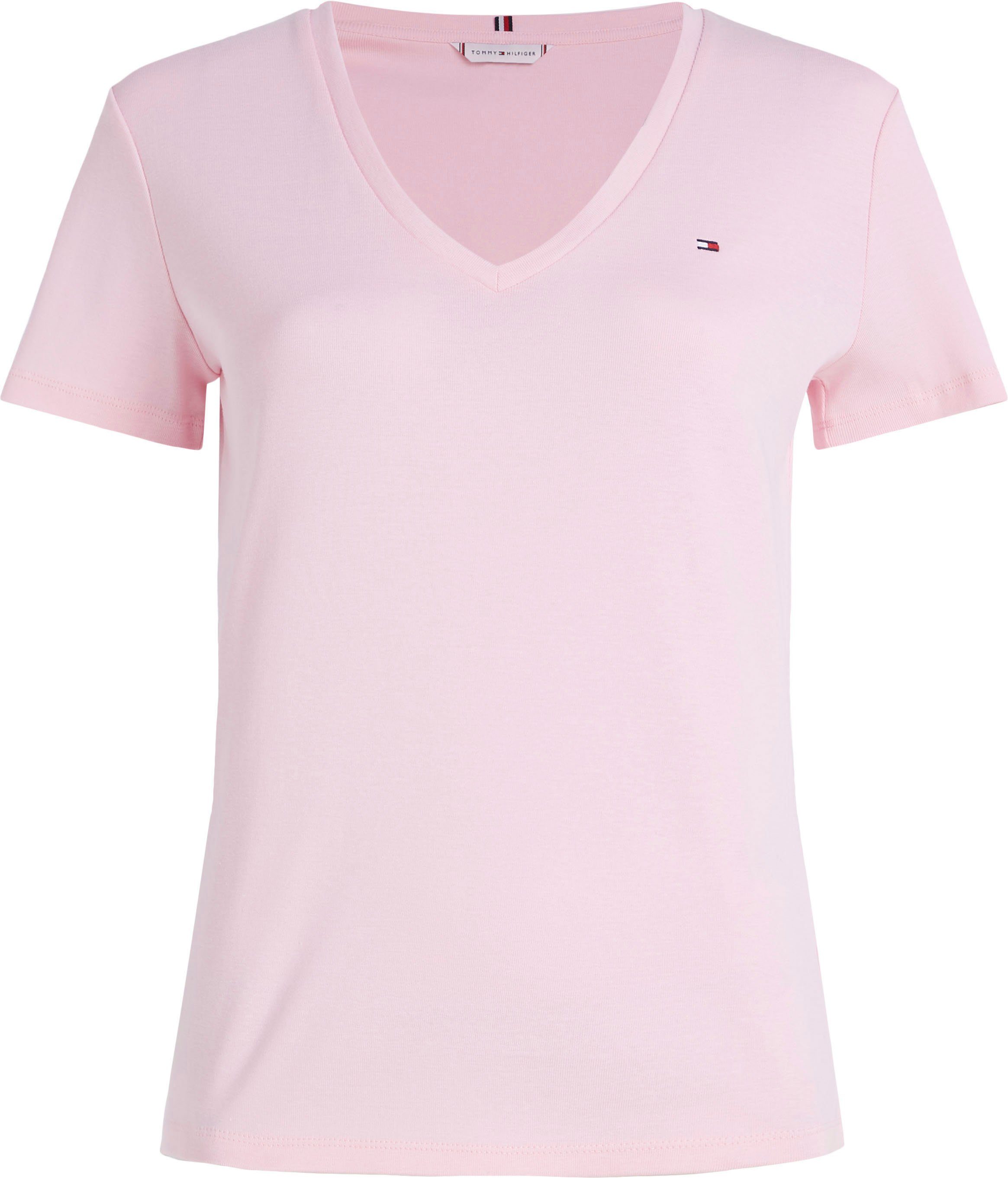 Tommy Hilfiger Pink V-NECK Logostickerei dezenter SLIM Pastel CODY T-Shirt RIB SS mit