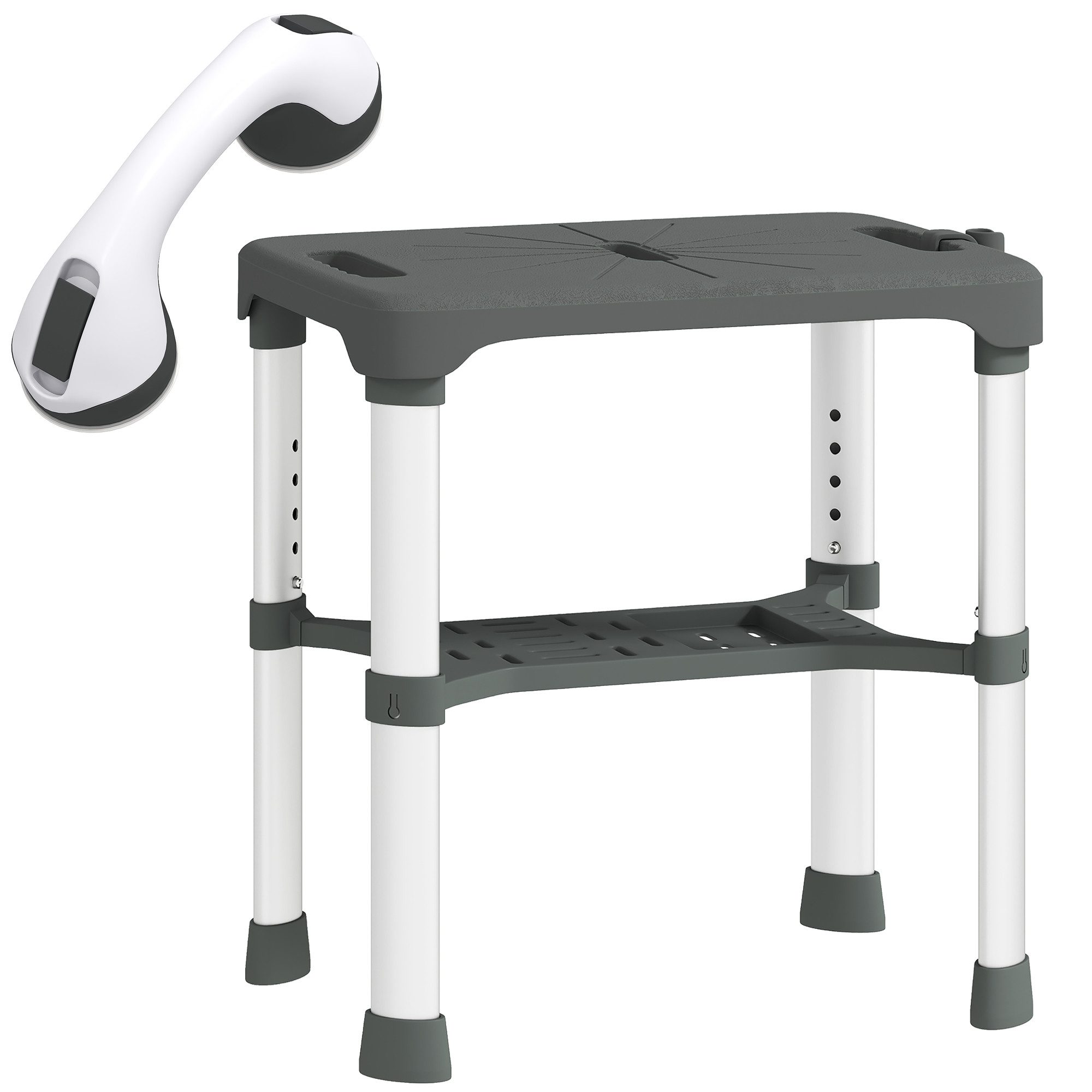 Luckice Duschhocker höhenverstellbar mit Ablage & Sauggriff, für Senioren & Behinderte, Aluminium, bis 150 kg, Grau