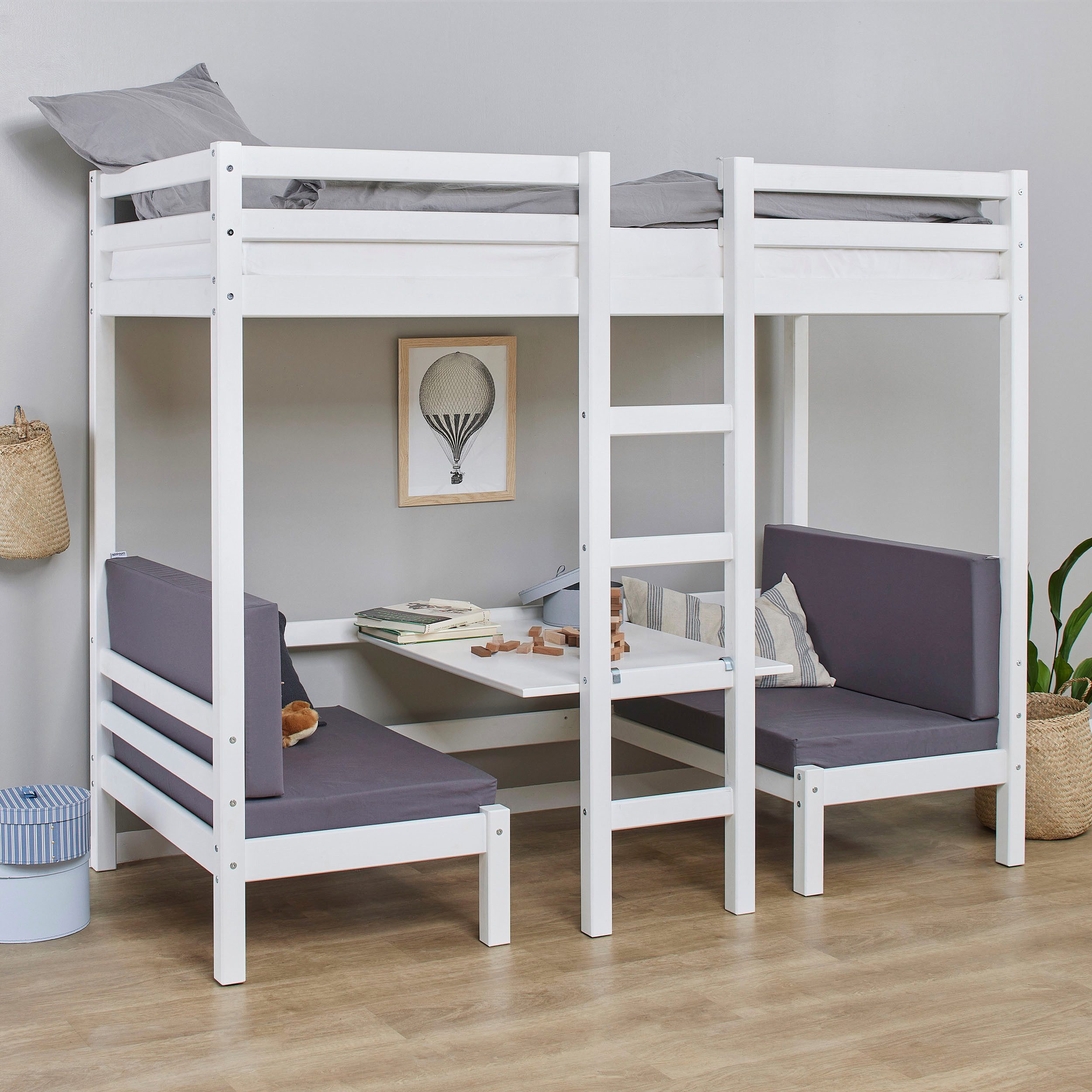 Hoppekids Hochbett ECO Dream, Kinderbett mit Funktion - Praktisch & flexibel Unteres Bett nutzbar als Bett oder Sitzgruppe. 90x200