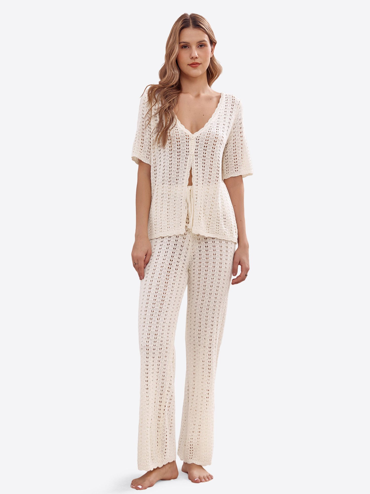 Imily Bela Hausanzug Damen 2-teiliges Freizeitset (set, 2 tlg., Häkelstrickjacke+lange Hosen) Häkeln