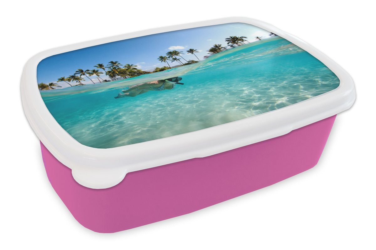 MuchoWow Lunchbox Meer - Schnorcheln - Hawaii, Kunststoff, (2-tlg), Brotbox für Erwachsene, Brotdose Kinder, Snackbox, Mädchen, Kunststoff rosa