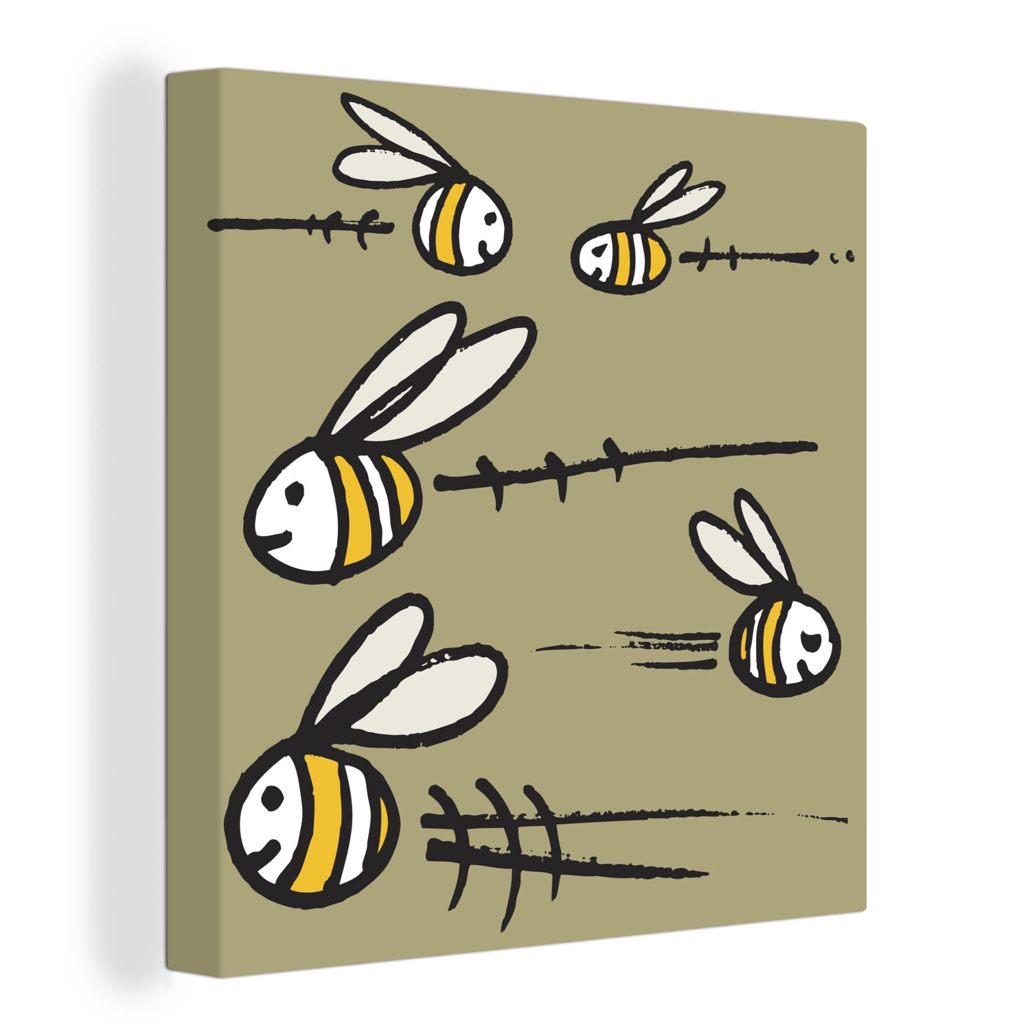 OneMillionCanvasses® Leinwandbild Eine Illustration von fünf Bienen vor einem beigen Hintergrund, (1 St), Leinwand Bilder für Wohnzimmer Schlafzimmer