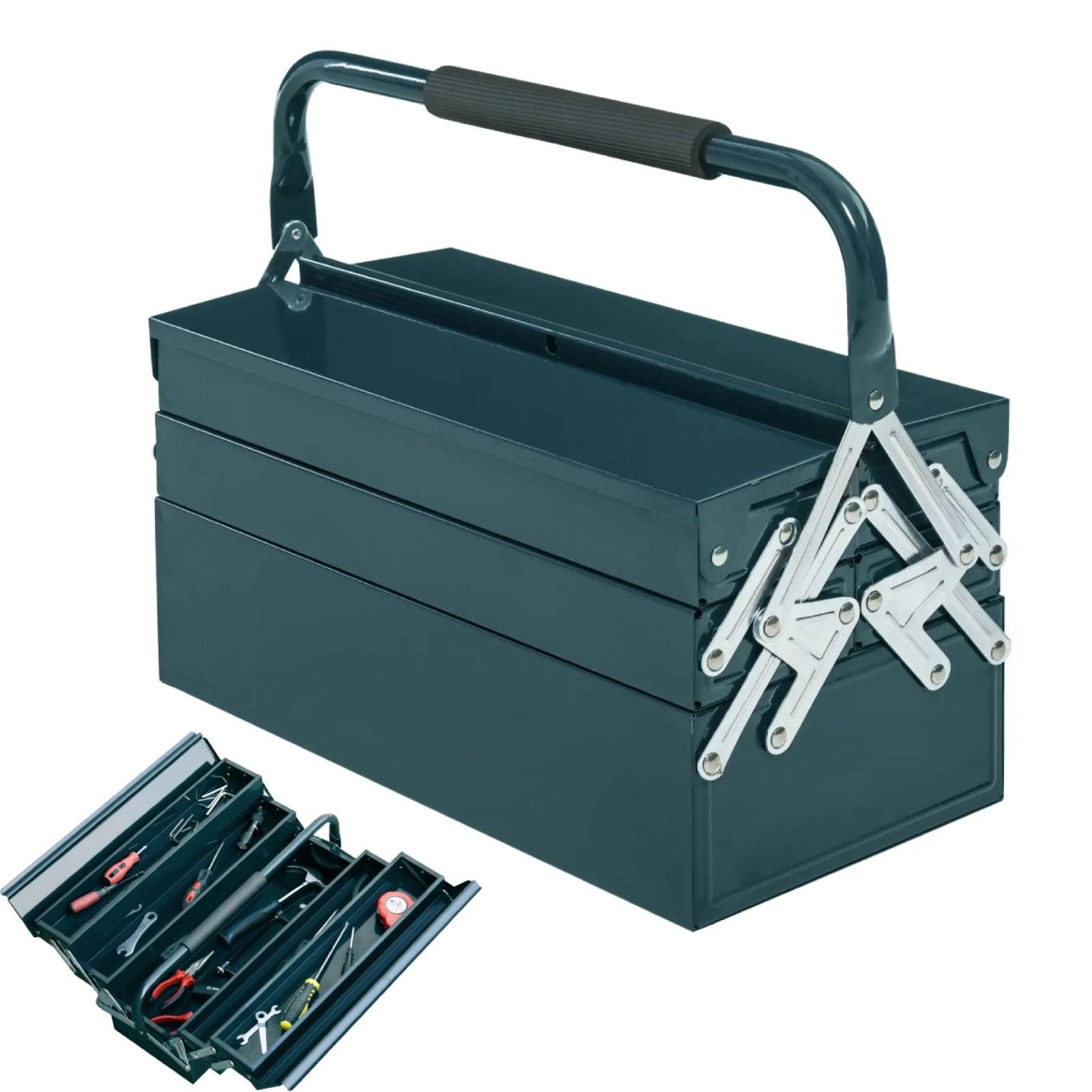 BlingBin Werkzeugbox Werkzeugkasten Werkzeugkoffer Montage Werkzeugkiste (1er Set, 1 St., Gesamtmaße: 45cm x 20cm x 34,5cm, Belastbarkeit: 20kg), Metall-Werkzeugkästen mit 5 Fächer Aufklappbar, Stahl, Dunkelgrün