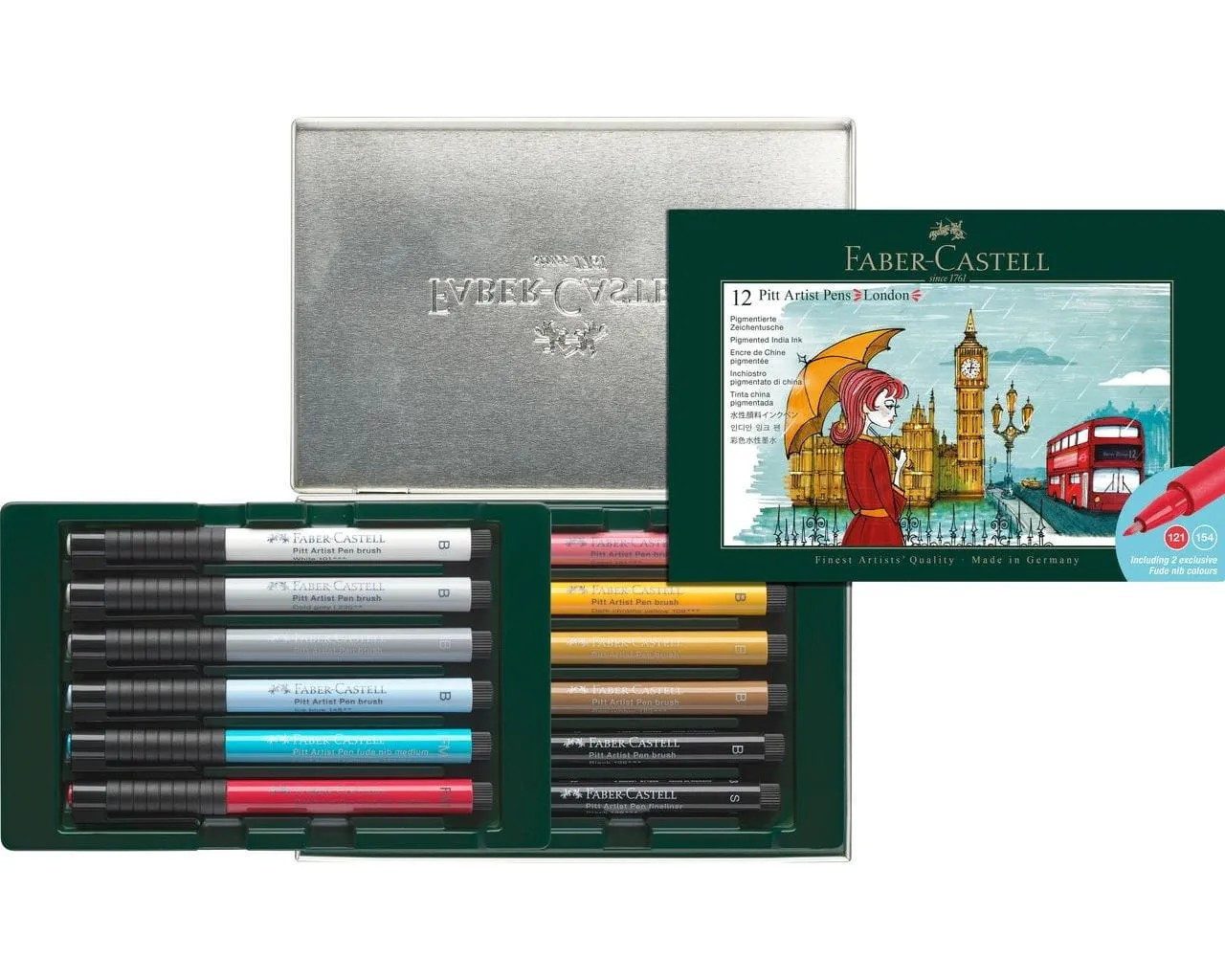 Faber-Castell Künstlerstift Pitt Artist Pen Tuschestifte Set London 12 teilig, Wasserfest und pigmentierte Tusche