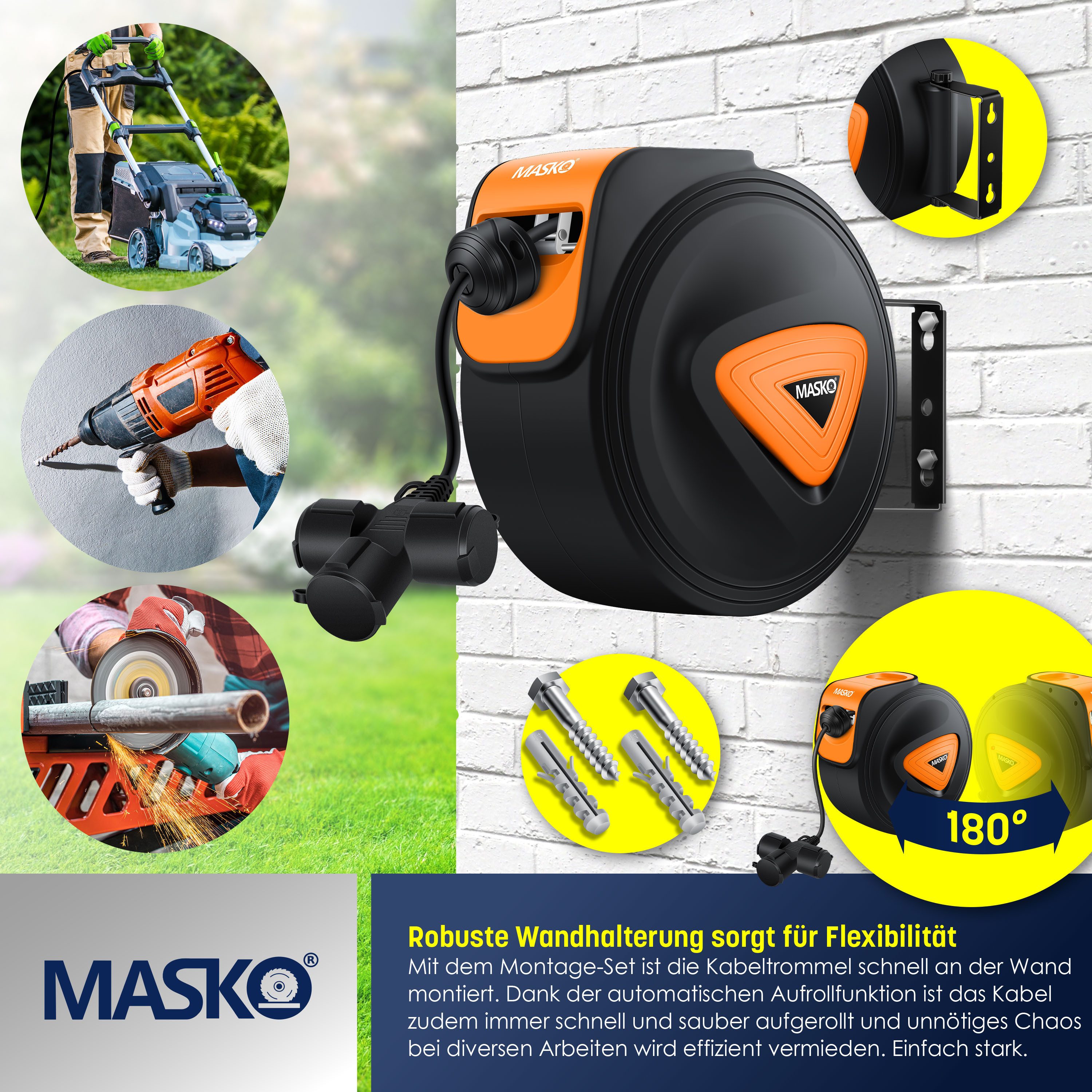 MASKO Verlängerungskabel, (15 cm), Automatik Kabeltrommel Verlängerungskabel mit 3-Fach Anschluss