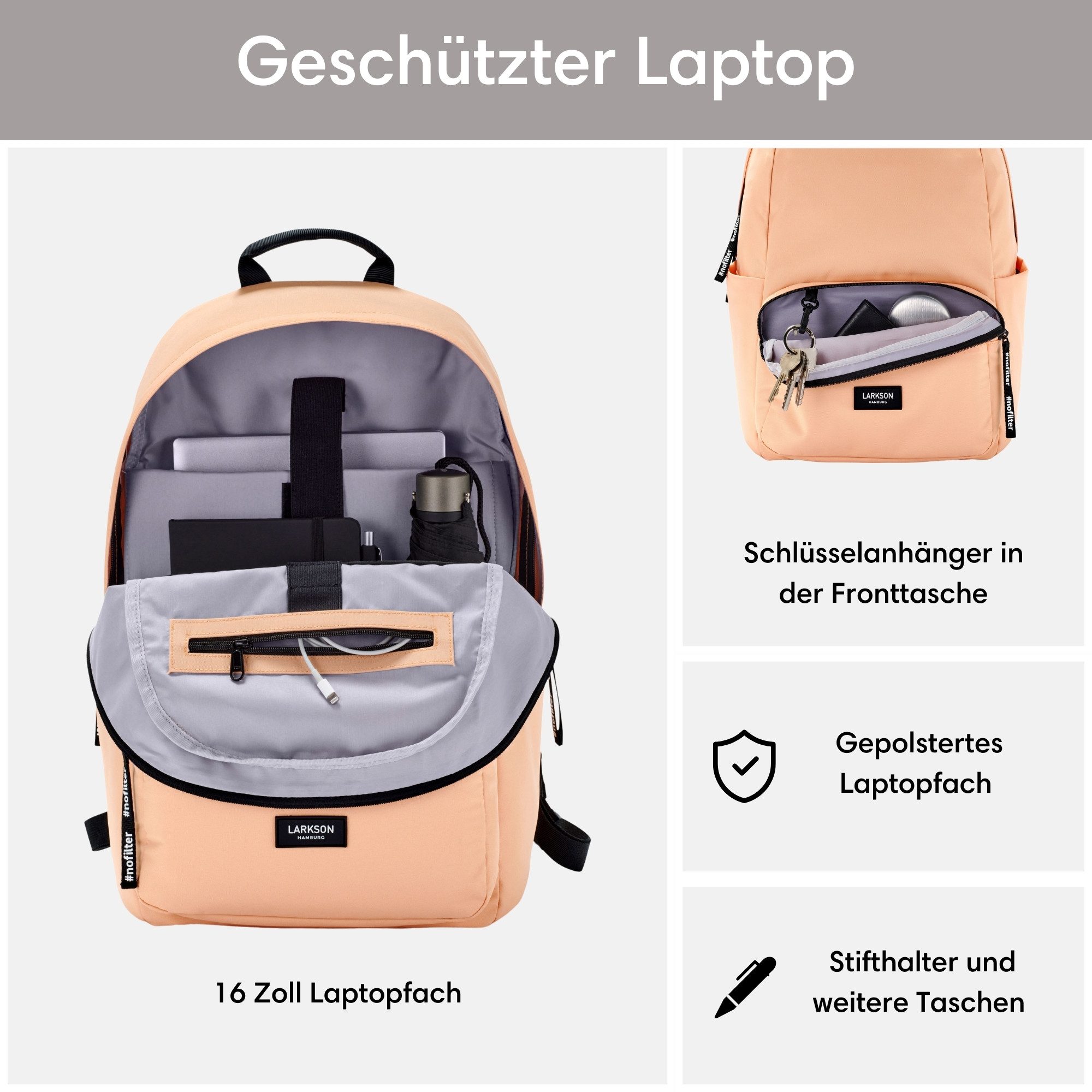 LARKSON Schulrucksack No 3 Rucksack Schule Mädchen Jungen Teenager (1-tlg), Seitentasche, Laptopfach, Wasserabweisend