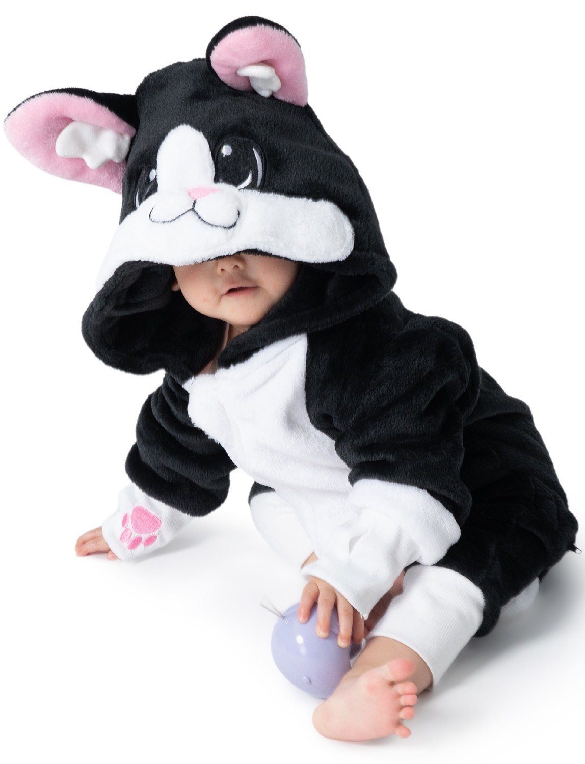 Corimori Strampler Flauschiges Katzen-Kostüm für Babies, Neugeborene, (1-tlg) Verkleidung, Katze, schwarz-weiß, Fasching, Karneval