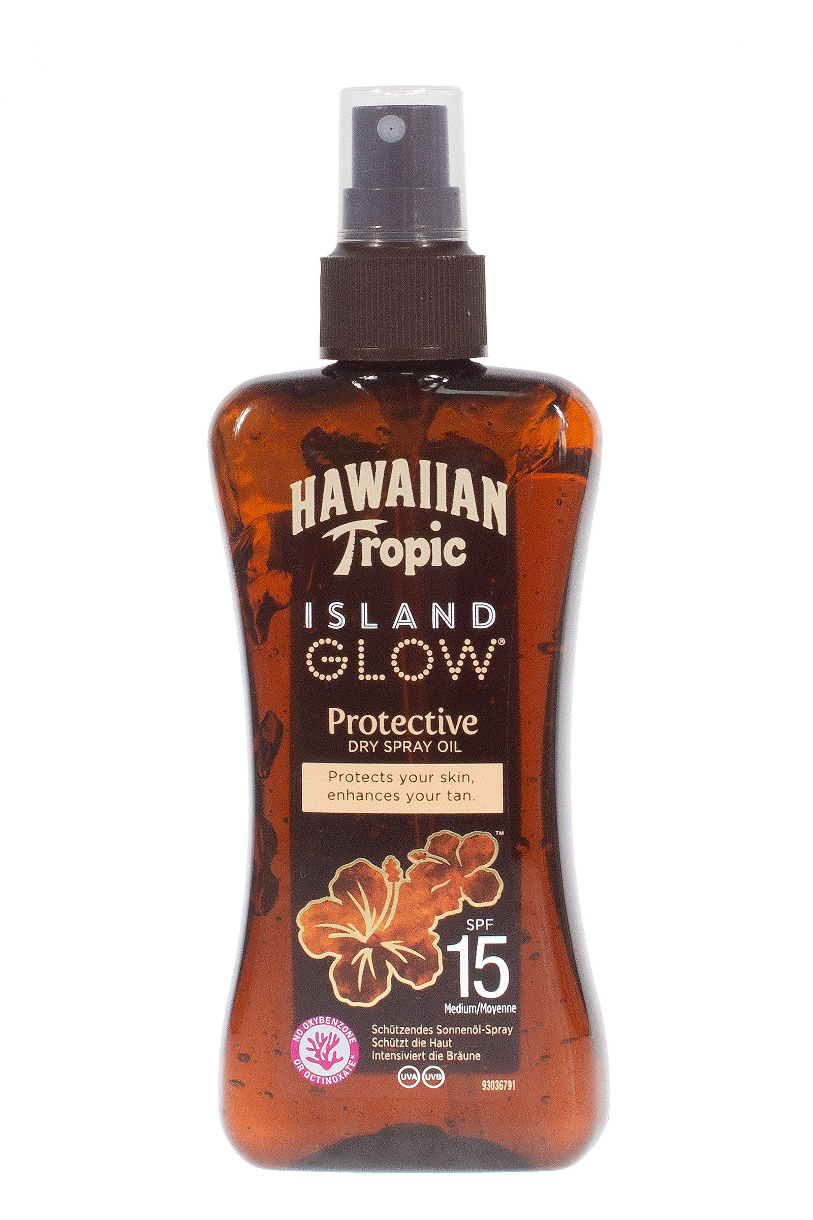 Hawaiian Tropic Sonnenschutzöl Hawaiian Tropic Island Glow Spray Öl SPF15 200m, Einzelartikel, 1-tlg., pflegend, feuchtigkeitsspendend, wasserresistent mit Kokosnuss & Guave