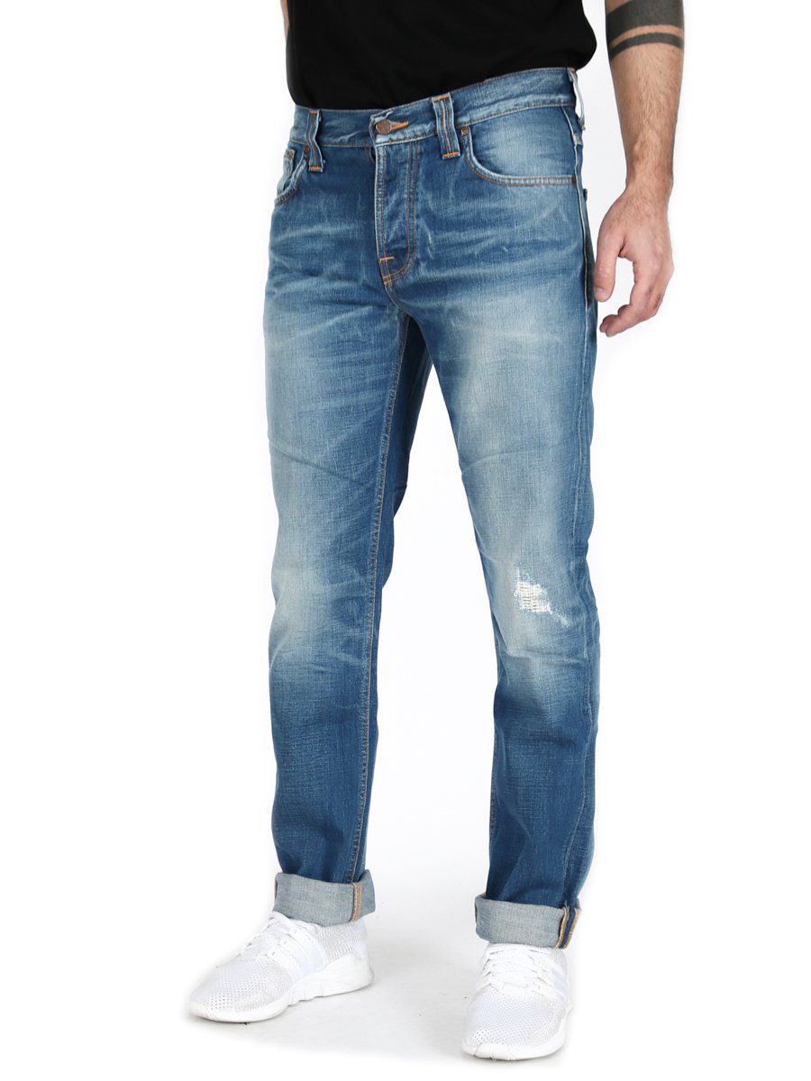 Herren Jeans Nudie Jeans Slim-fit-Jeans Herren Destroyed Hose Bio Baumwolle - Grim Tim Johny Replica