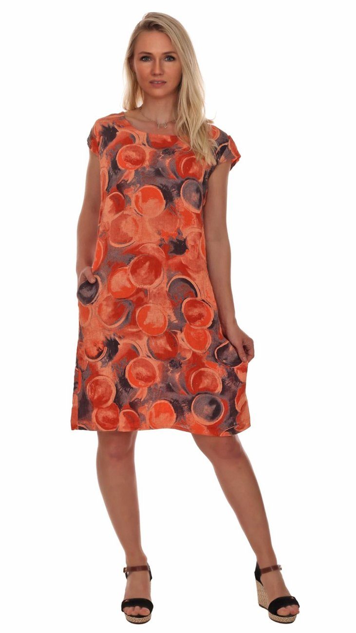 Charis Moda Leinenkleid Sommerkleid Orange Rotondi Kurzarm A-Linien-Kleid Belli