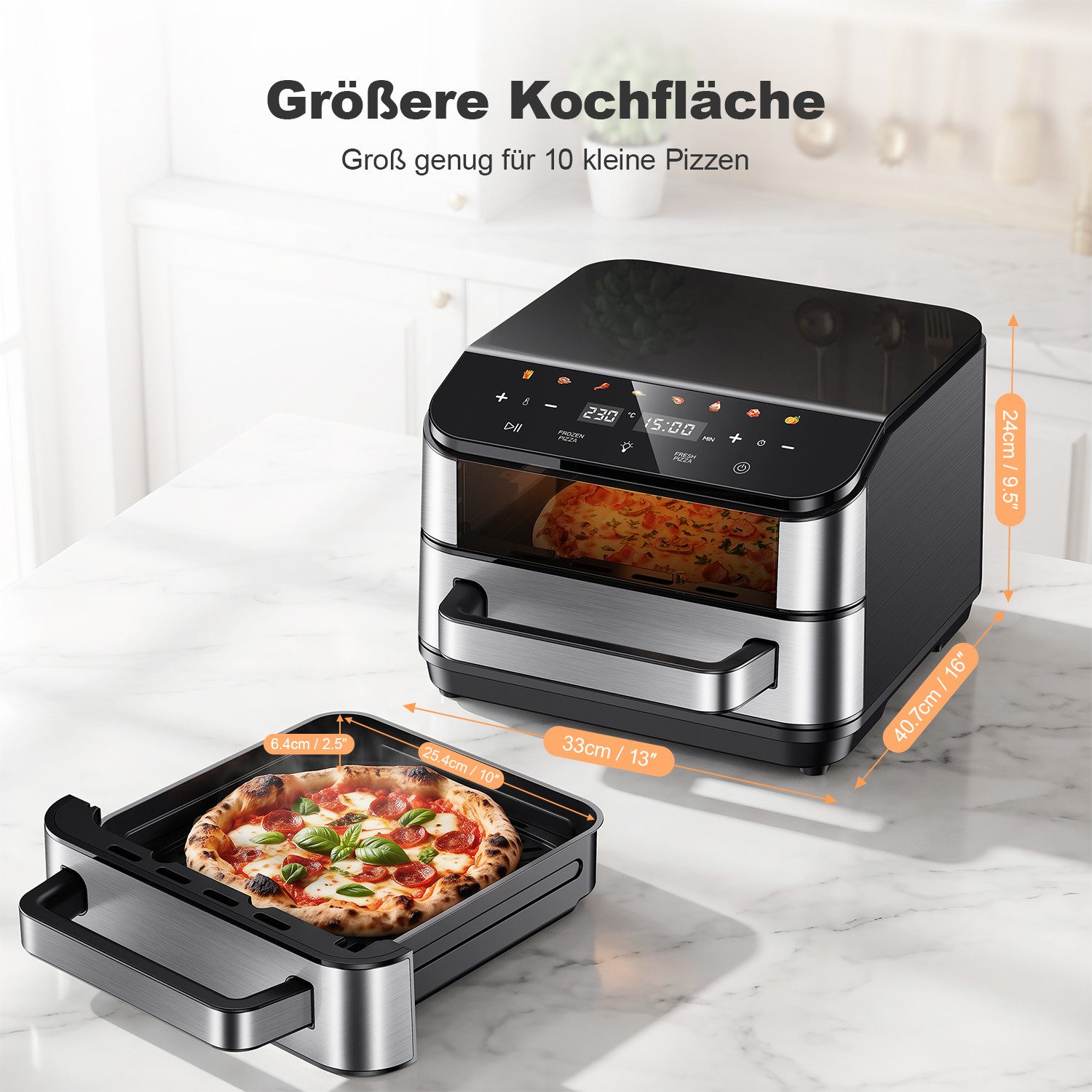 oyajia Heißluftfritteuse 2in1 Pizzaöfen & Airfryer, Pizzaprogramme, 8 Garprogramme, optimale Wärmeverteilung, extra breite Form, mit Sichtfenster, 4L, 2800,00 W, 10 Zoll Steinplatte, Temperatur 40–230°C Timer 1–60 Min, Fettwanne