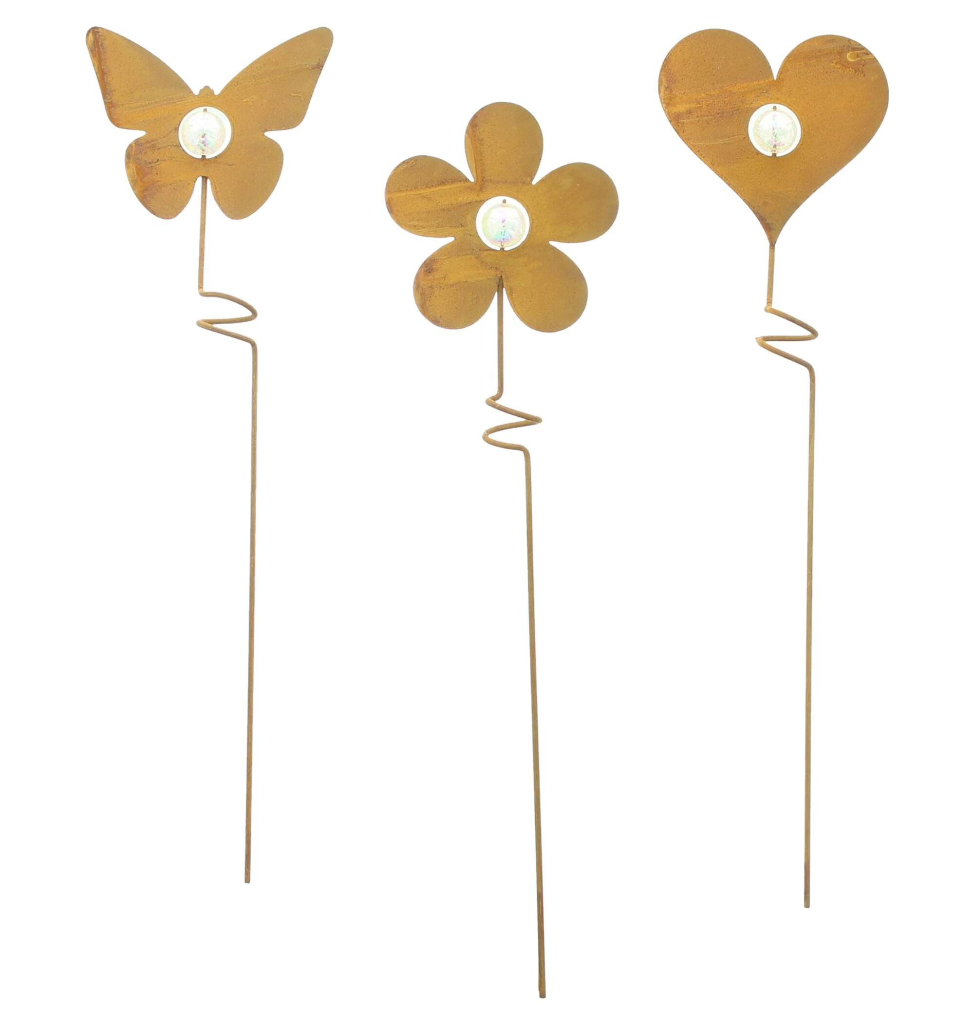 Dekoleidenschaft Gartenstecker "Herz, Blume & Schmetterling" Metall Blumenstecker, Rost Finish, 38 cm (3-St., im Set) rostige Outdoor Metalldeko, Gartendeko für Draußen