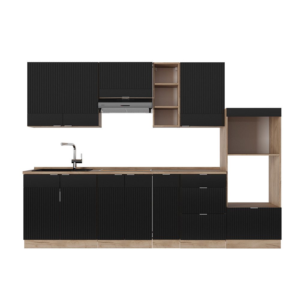 Vicco Küchenzeile Fame-Line, Schwarz gestreift/Goldkraft Eiche/Goldkraft Eiche, 280 c...