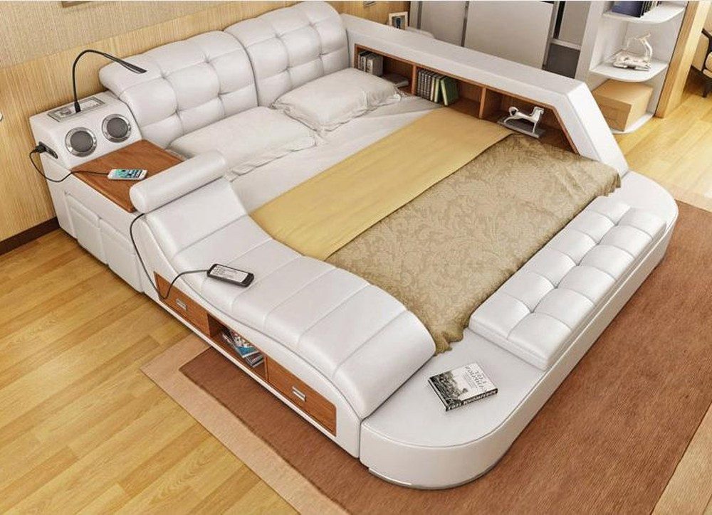 Xlmoebel Multimediabett Multifunktionsbett aus Leder mit Regal, Schrank und USB-Ladestation (1-tlg., Multifunktions Bett), Hergestellt in Europa
