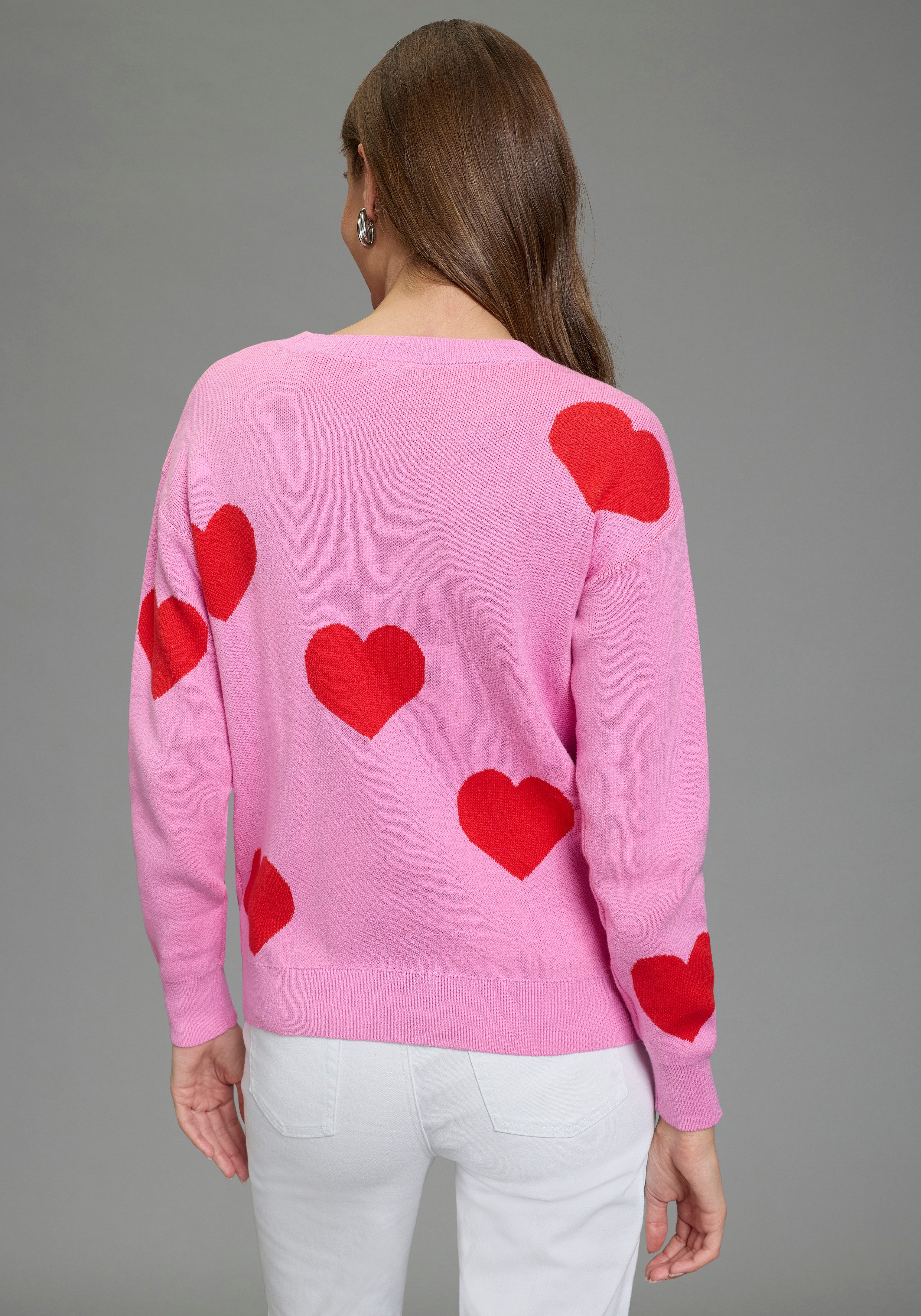 Laura Scott Jacquardpullover aus angenehm leichtem Frühlingsstrick aus Baumwolle mit knalligem Herzmuster