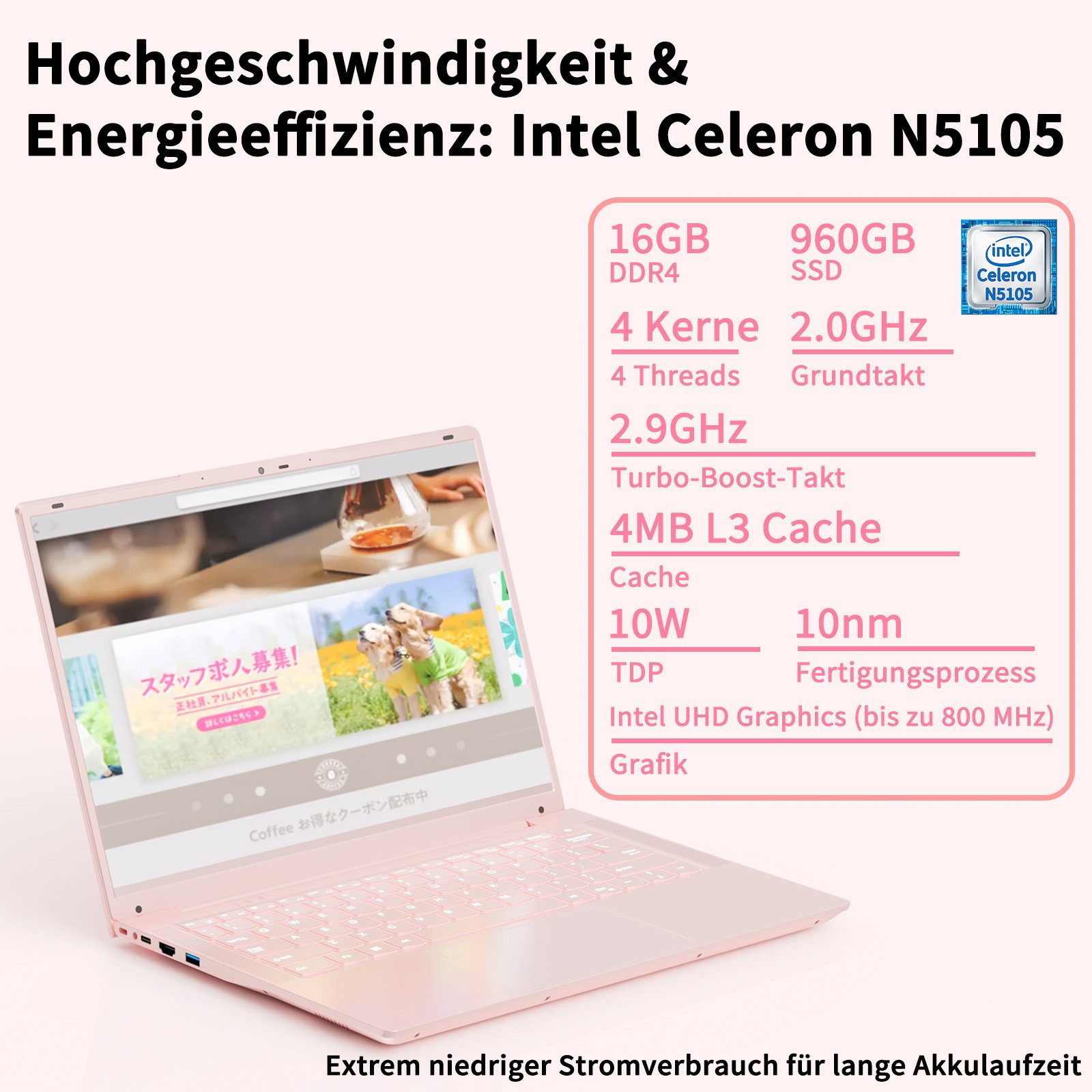 LONGEVINCE 14-Zoll-2K-IPS-Laptop mit Intel Celeron N5105, 16GB DDR4 Notebook (35,56 cm/14 Zoll, Intel Celeron N5105, Intel UHD Graphics, 16 GB, 960 GB SSD, Windows 11 Pro, Fingerabdrucksensor, wählbar 512GB / 960GB SSD)