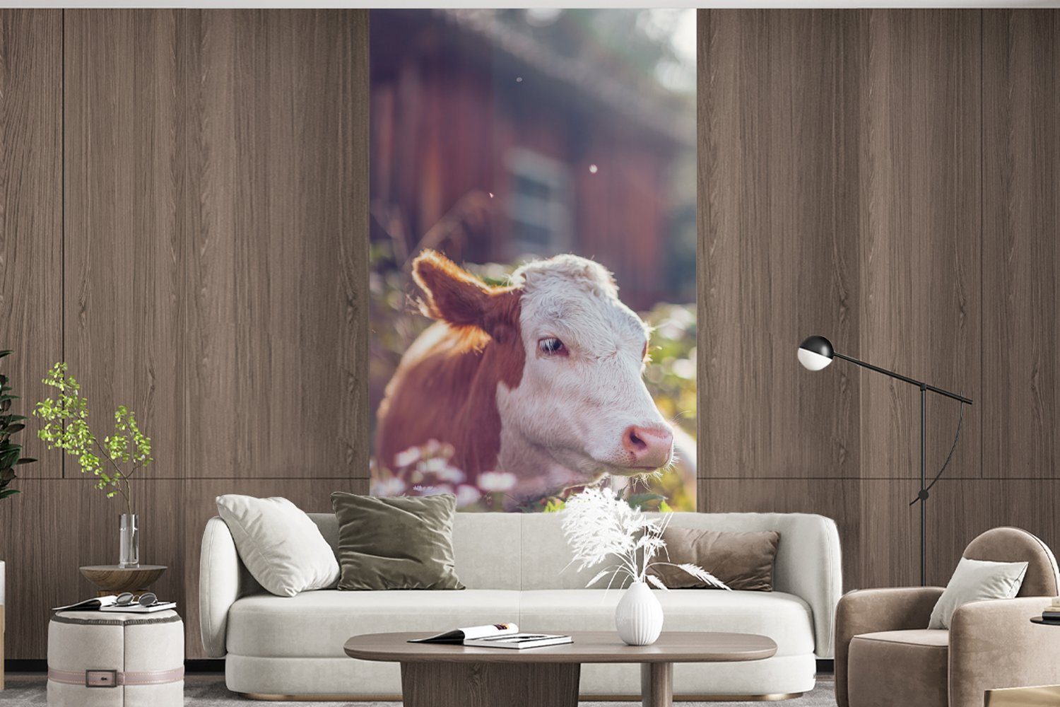 Kuh MuchoWow (2 St), Vliestapete Sonne Schlafzimmer Fototapete für Küche, Wohnzimmer Matt, Blumen, bedruckt, - Fototapete -