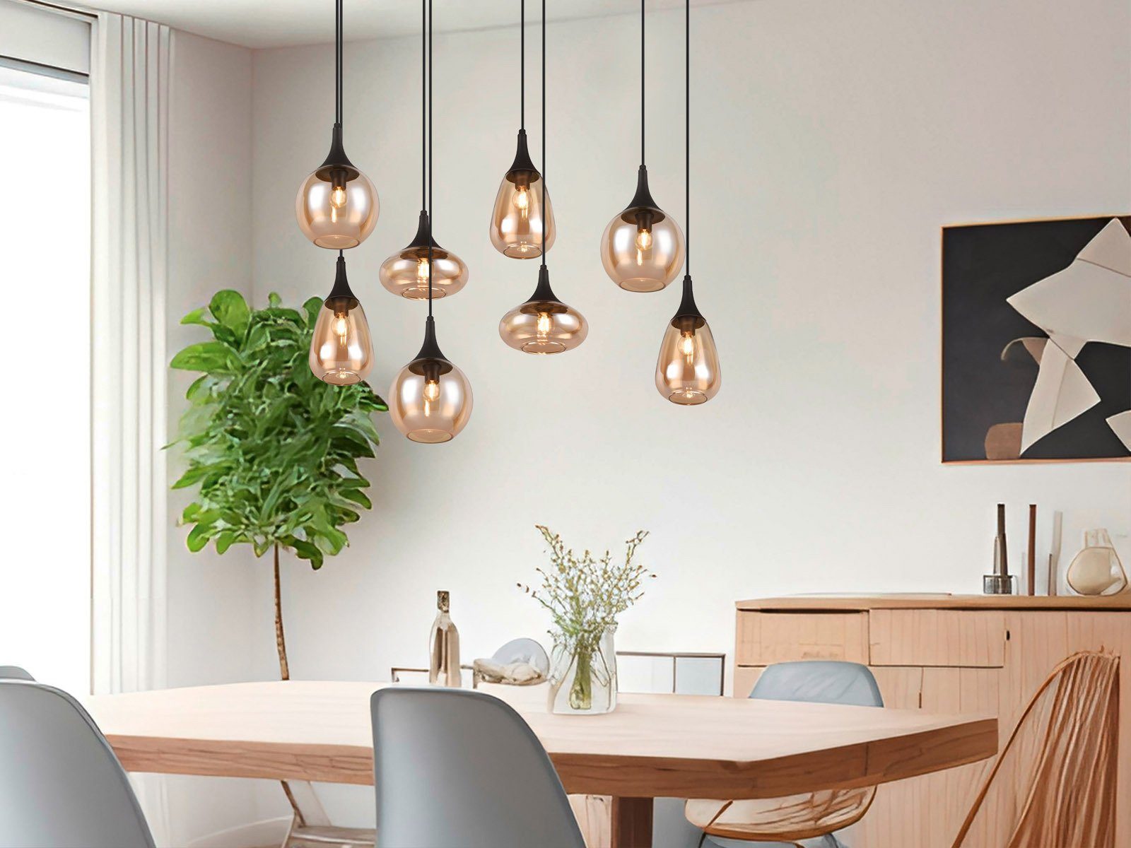 TRIO Leuchten LED Pendelleuchte Glas Bernsteinfarbig, Breite 121cm, dimmbar, LED wechselbar, warmweiß, ausgefallene Hänge-Lampe Esstisch mehrflammig, Esszimmerl – Bild 2 von 5