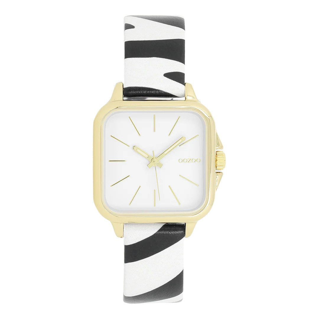OOZOO Quarzuhr Damenuhr, 27×27 mm – IP-goldene Uhr mit Lederarmband im Animalprint C11610