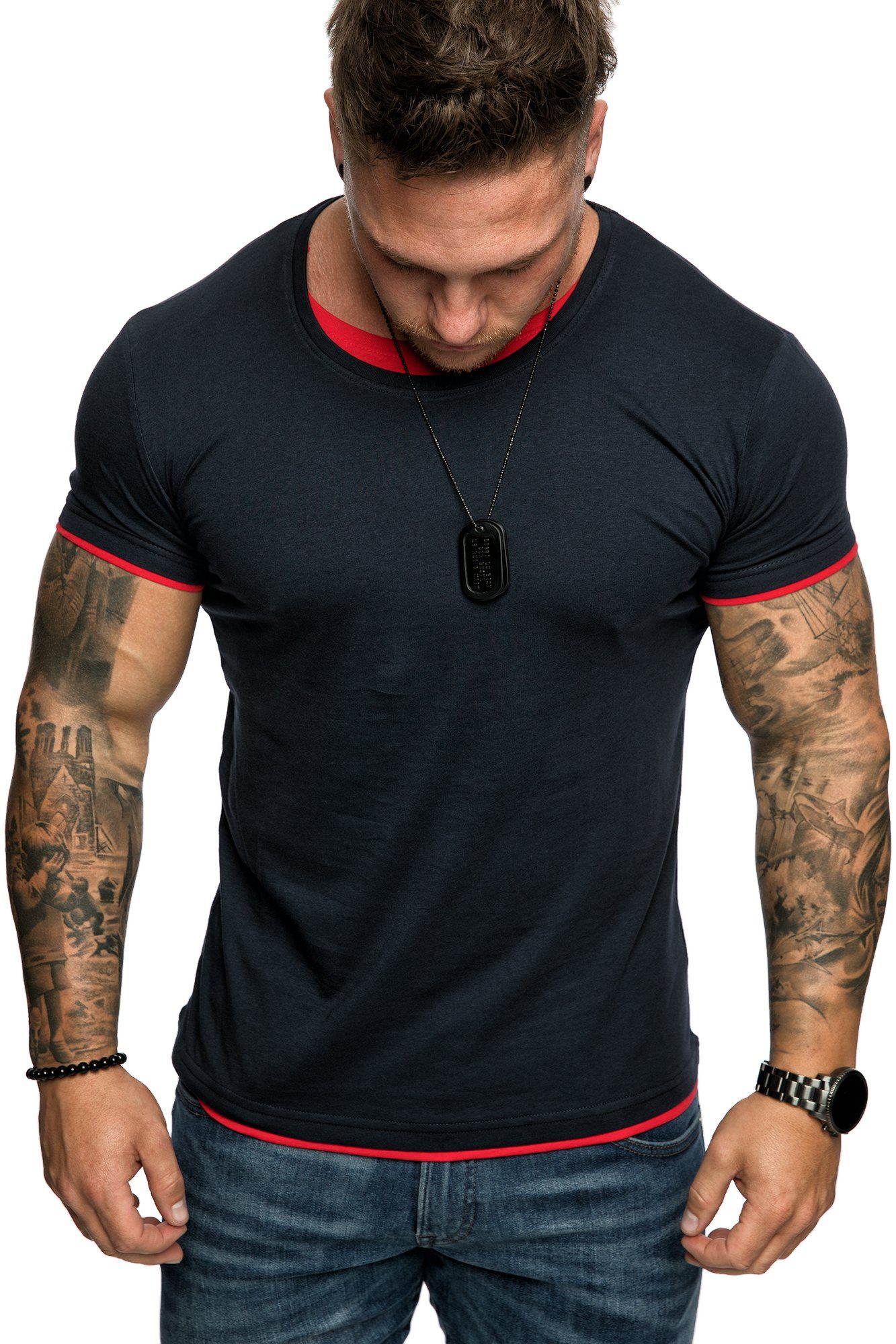 Amaci&Sons T-Shirt LAKEWOOD Herren Slim-Fit Basic Shirt Doppel Farbig mit Rundhalsausschnitt