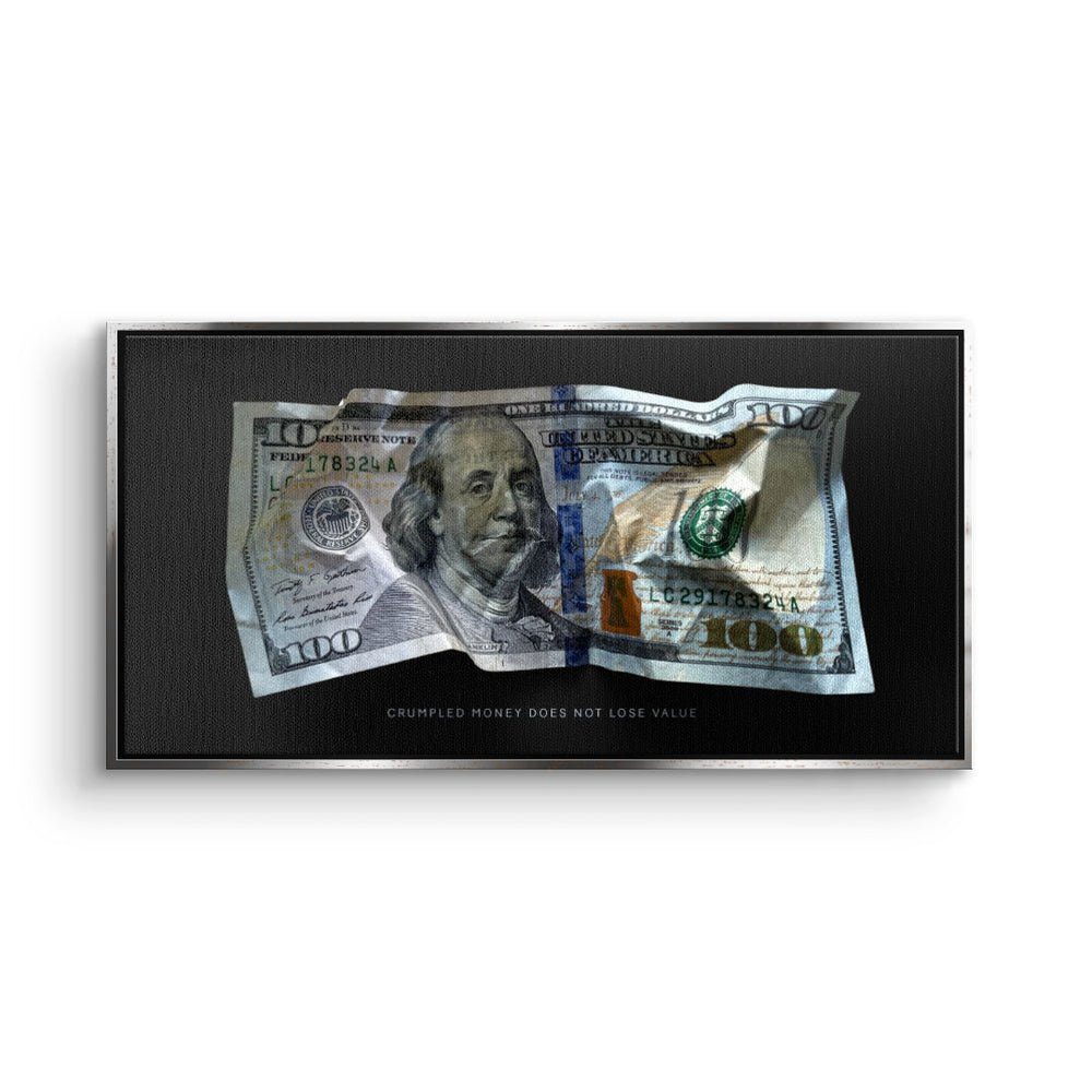 DOTCOMCANVAS® Leinwandbild, Premium Motivationsbild - Crumble Money V1 silberner Rahmen