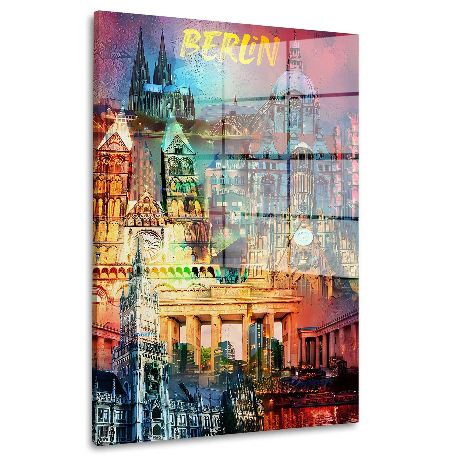 Artedinoi Acrylglasbild Berlin Collage Acrylglasbild Wandbild Altstadt Kuppel Gelb Türkis XXL, Stadt-Collage mit historischen Bauwerken