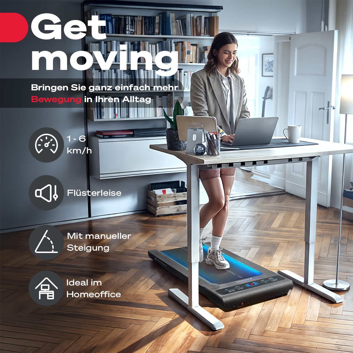 Sportstech Laufband sWalk, bis 8 km/h, Steigung 7,5%, Trainingsprogramme, LED Tempolicht