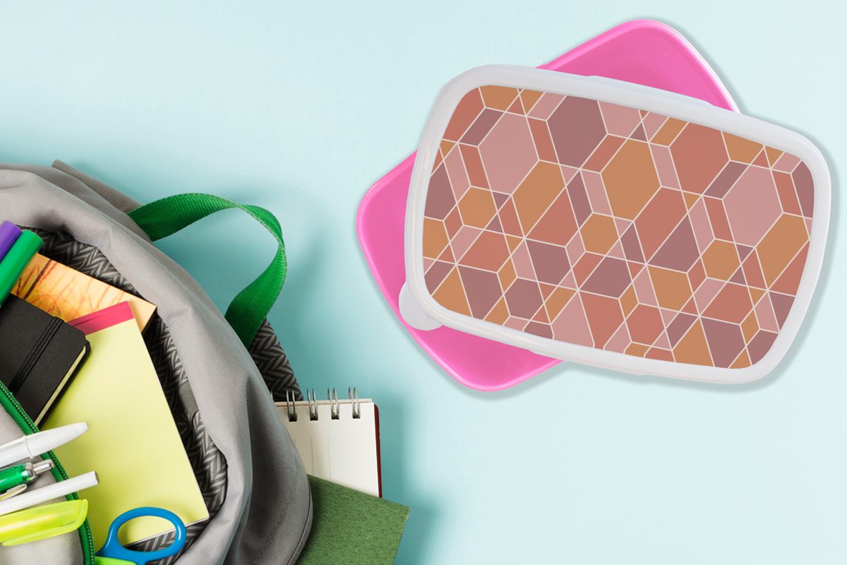 MuchoWow Lunchbox Geometrie - Mosaik Kunststoff, Kinder, Snackbox, Brotdose - Erwachsene, für rosa Brotbox (2-tlg), Mädchen, Kunststoff Muster