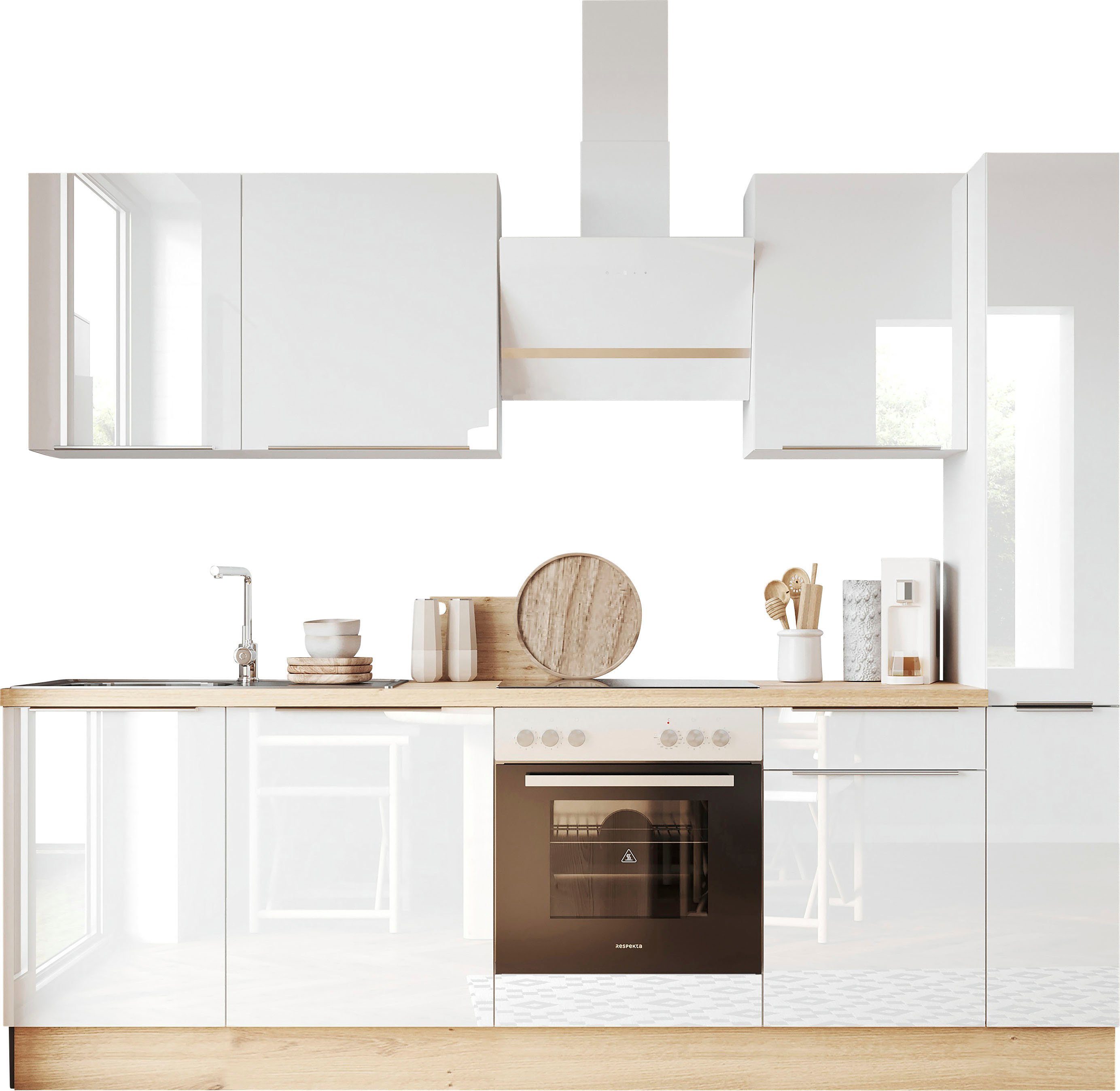 RESPEKTA Küchenzeile Safado aus der Serie Marleen, Breite 250 cm, mit Soft-Close, in exklusiver Konfiguration für OTTO Front: Weiß Hochglanz/Korpus: Weiß, Arbeitsplatte Artisan Eiche