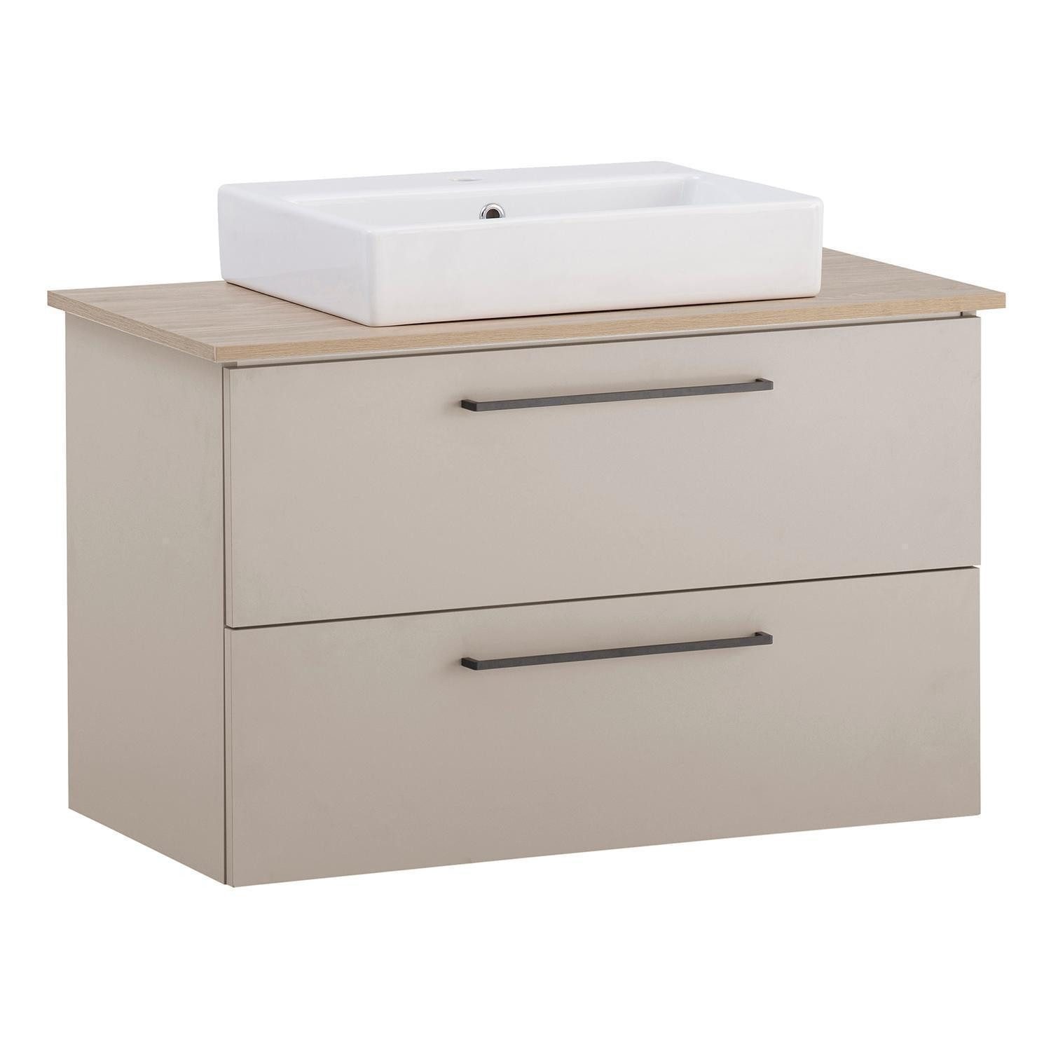 Vito Waschtisch-Set MALO, Cremebeige, Eiche Dekor, Cremebeige, 2 Schubladen, inkl. Aufsatzbecken aus Keramik, B 86 x H 54 x T 45 cm