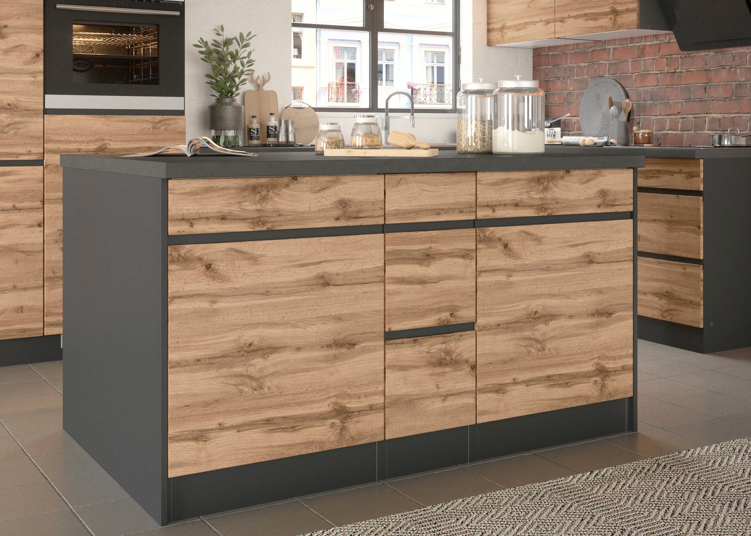 KOCHSTATION Kochinsel KS-Riesa, Breite 153 cm, Tiefe 100 cm, MDF-Fronten
