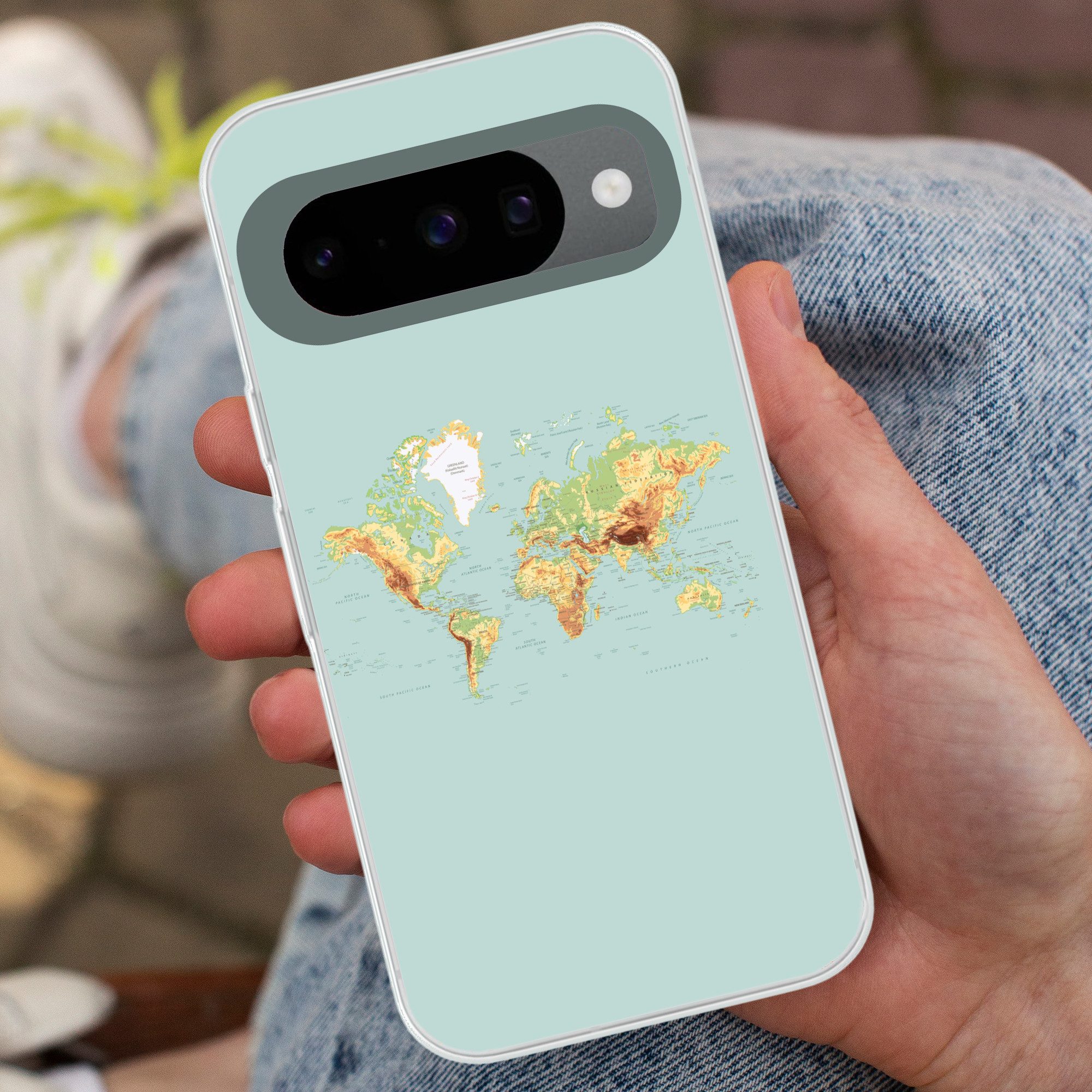 MuchoWow Handyhülle für Google Pixel 10 Pro Weltkarte - Realistisch - Blau, Handy Case, Silikon, Bumper Case Dünn