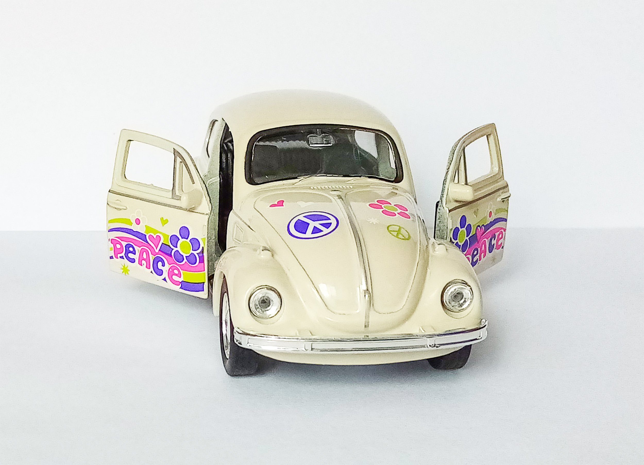 Welly Modellauto VOLKSWAGEN BEETLE Käfer Flower Power Hippy VW 73 (Creme/Love), Modellauto Modell Spielzeugauto Kinder Geschenk
