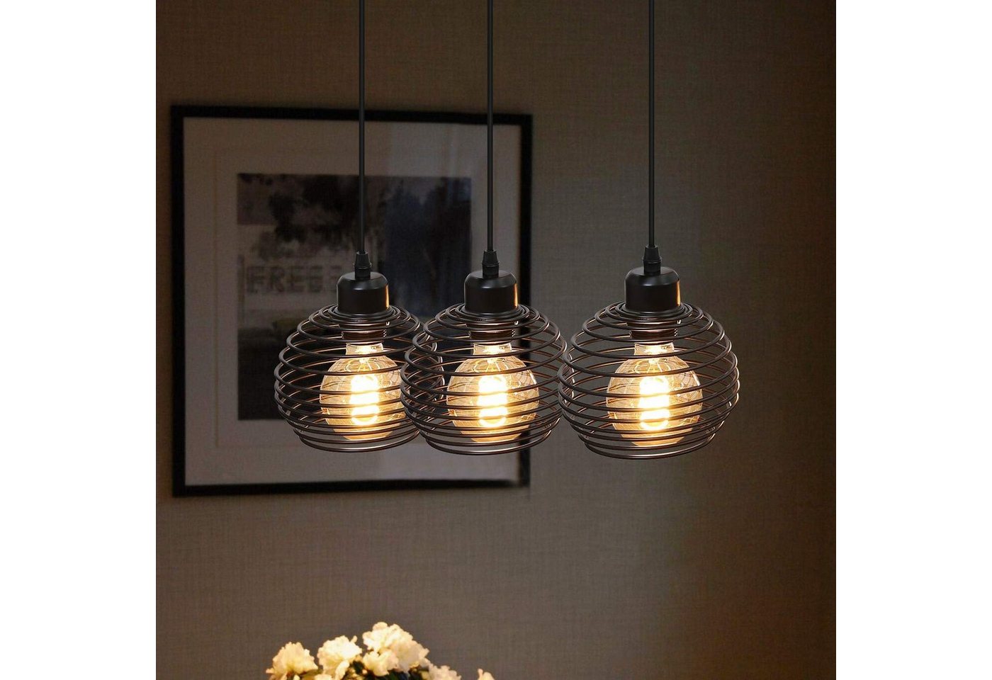 ZMH Pendelleuchte 3 Flammig Vintage Schwarz E27 Hängelampe Esstisch Metall Wohnzimmer, Hochwertige Design, LED wechselbar