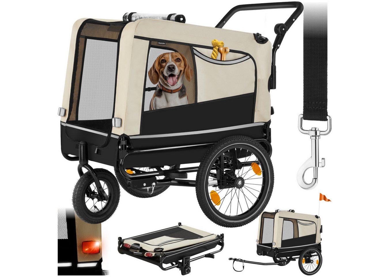 tectake Fahrradhundeanhänger Hundewagen 3in1 multifunktional mit Reflektoren, Leine und Warnfahne, mit Regenschutz, faltbar, gefedert, Belastbarkeit 40 kg, 240 Liter