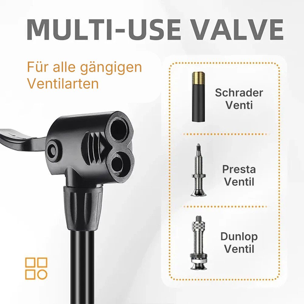 Fyrove Fahrradpumpe Stand-Fahrradpumpe alle Ventile AV, SV, DV, luftpumpe mit Manometer (Fahrrad Luftpumpe Inklusive Großem Manometer, Adaptern & Behälter, Pumpe für Motorrad, E Bike, Auto & Sportartikel)