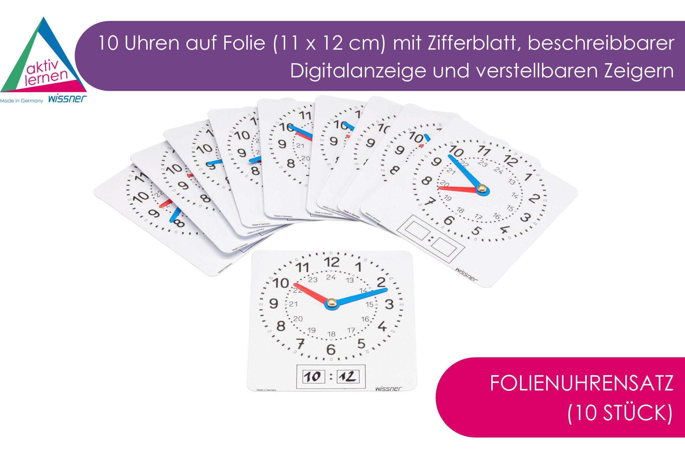 Wissner® aktiv lernen Lernspielzeug Folienuhrensatz (10 Stück), Uhrzeit lernen (Analog & Digital) (10-St)