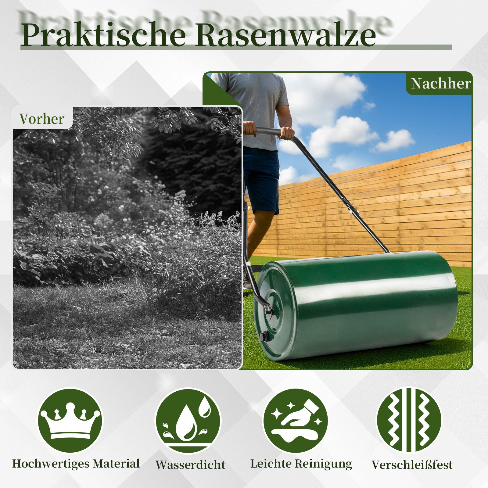 LALAHO Rasenwalze Handwalze aus Eisen 50L, 60 cm,Rasenroller Schwerlasttrommel, 106 x 60 x 32 cm, für Ebenen Rasen