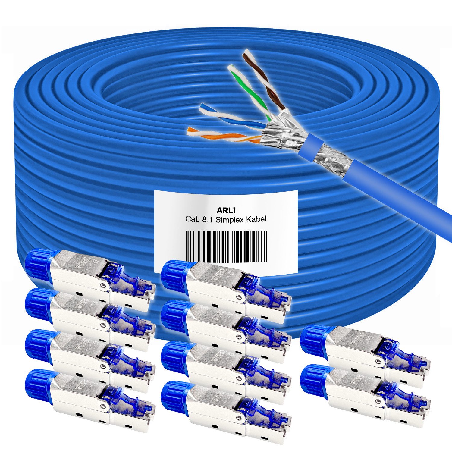 ARLI Verlegekabel 50m Cat 8.1 Netzwerkkabel + 10x RJ45 Netzwerkstecker Installationskabel, RJ45 Netzwerkstecker CAT8.1, (5000 cm), verdrillt zu 4 Paaren