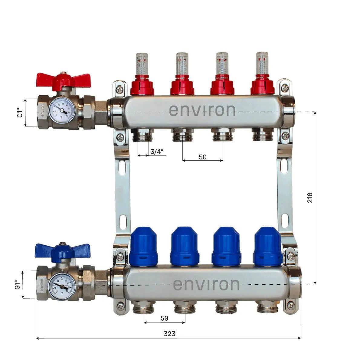 Environ Fußbodenheizung Edelstahl Heizkreisverteiler 2 - 12 fach mit Kugelhahn-Anschluss-Set -