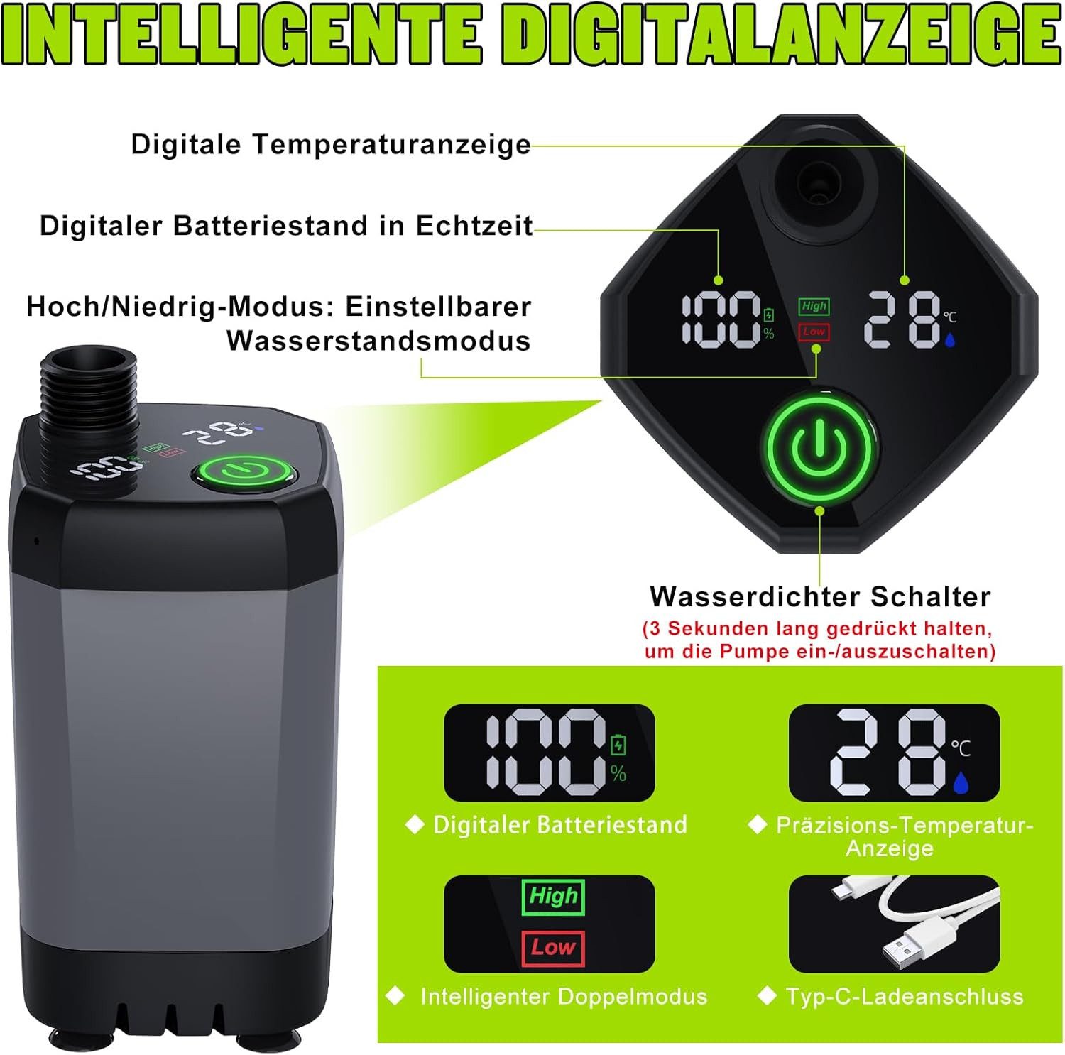 TWUFY Gartendusche Campingdusche mit Pumpe & wiederaufladbarem Akku 6000mAh (Camping Dusche Akku, Camping Dusche Tragbare Set mit Duschkopf und Schlauch, für Ga – Bild 4 von 5