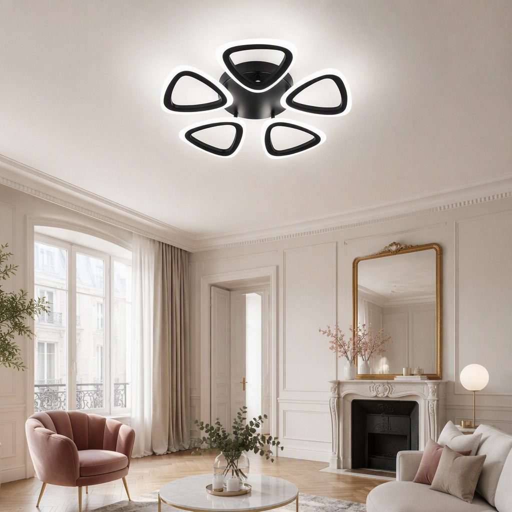 BlingBin LED Deckenleuchte Dimmbar Deckenlampe Ø 48 cm Blumenform 5-flammig, 35 W, moderne, 5-flammig, LED fest integriert, Tageslichtweiß, Design, Sandschwarz für Wohnzimmer Küche Flur
