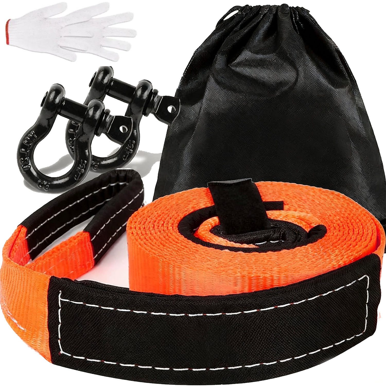 HEYHIPPO Abschleppseil Notfall-Autoabschleppseil 5 m, 5 t, D-Schäkel, Handschuhe und Tasche (Set, Polyester-Abschleppseil,reißfest, einfach zu bedienen und zu verstauen), Schweres Abschleppseil, orange Notfall-Abschleppband, 12 t Zugkraft