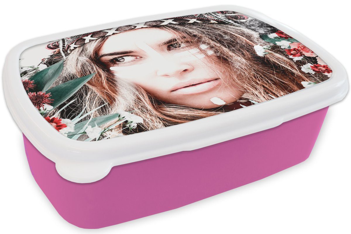Frau - Brotdose rosa Snackbox, für Lunchbox Rosen Kopfschmuck (2-tlg), MuchoWow - Erwachsene, Indischer Kunststoff, Kinder, - - Blumen Brotbox Kunststoff Mädchen, Blumen,