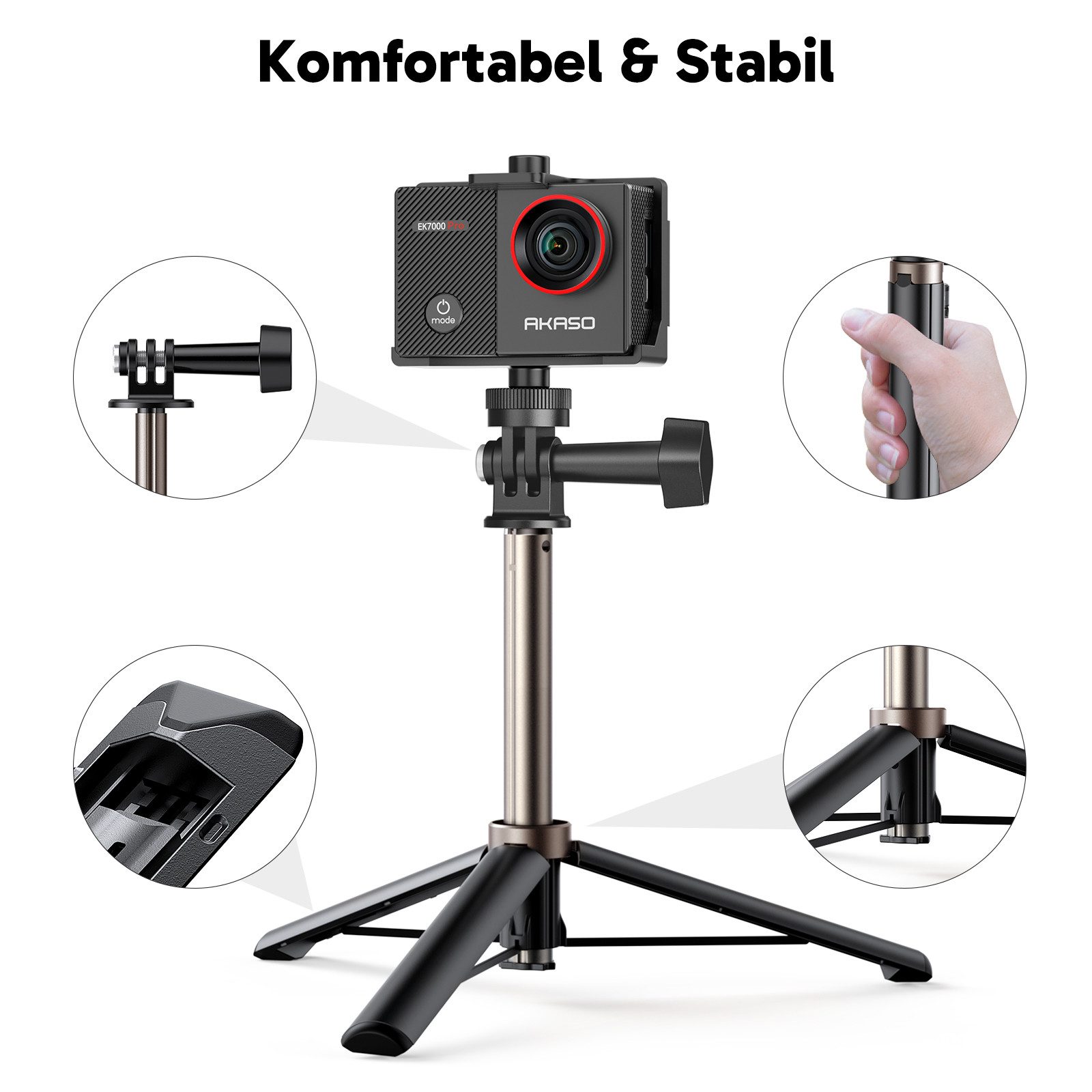 Akaso EK7000 Pro mit 60cm Selfie-Stick & Tasche Action Cam (4K Ultra HD, WLAN 2.4 GHz, WiFi, Wasserdicht bis 40m, Touchscreen, EIS 2.0)