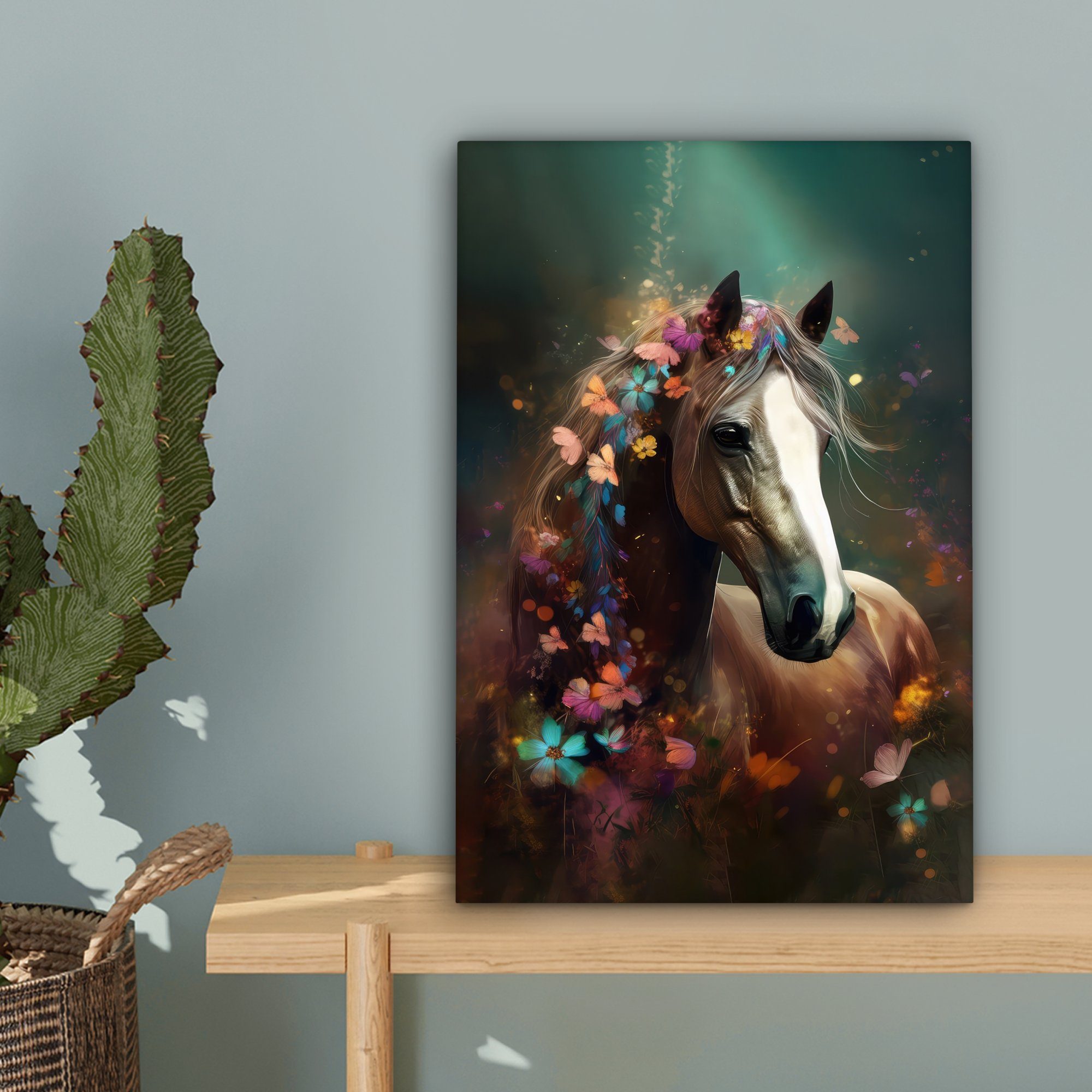 (1 - OneMillionCanvasses® Leinwandbild - St), fertig Pferd inkl. bespannt Schmetterling Natur Leinwandbild Blumen, Tiere - 20x30 Gemälde, cm Zackenaufhänger, -