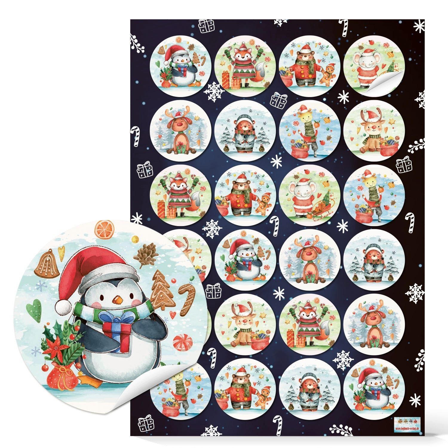 Logbuch-Verlag Aufkleber Weihnachtsaufkleber für Kinder Tiere bunt Sticker verzieren Ø 4 cm