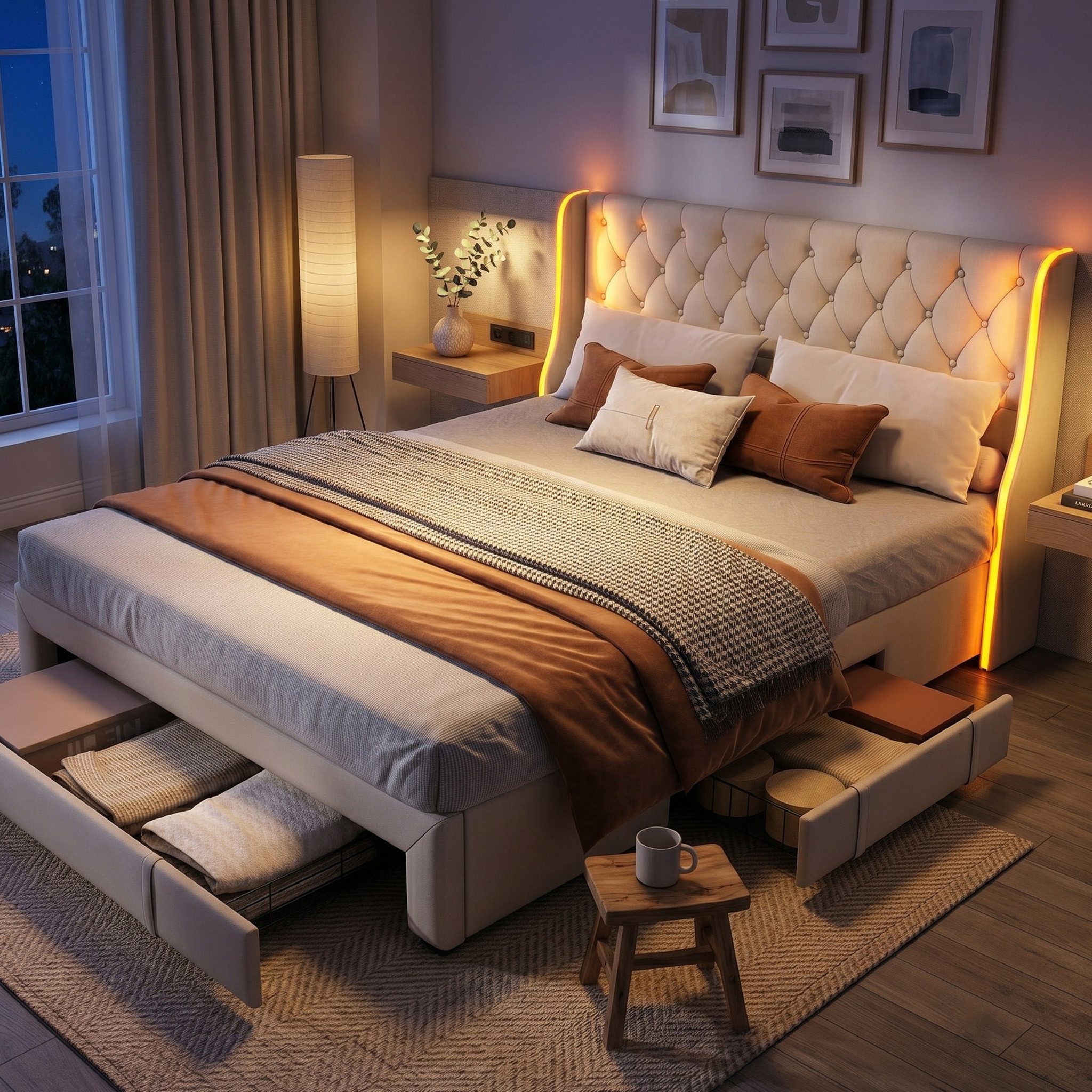 zebery Stauraumbett Polsterbett Doppelbett Mit LED-Leuchten (Packung, 1-tlg., Jugendbett), 160x200 cm,Mit 3 Schubladen,Kopfteil und Bettgestell,Samt,Beige