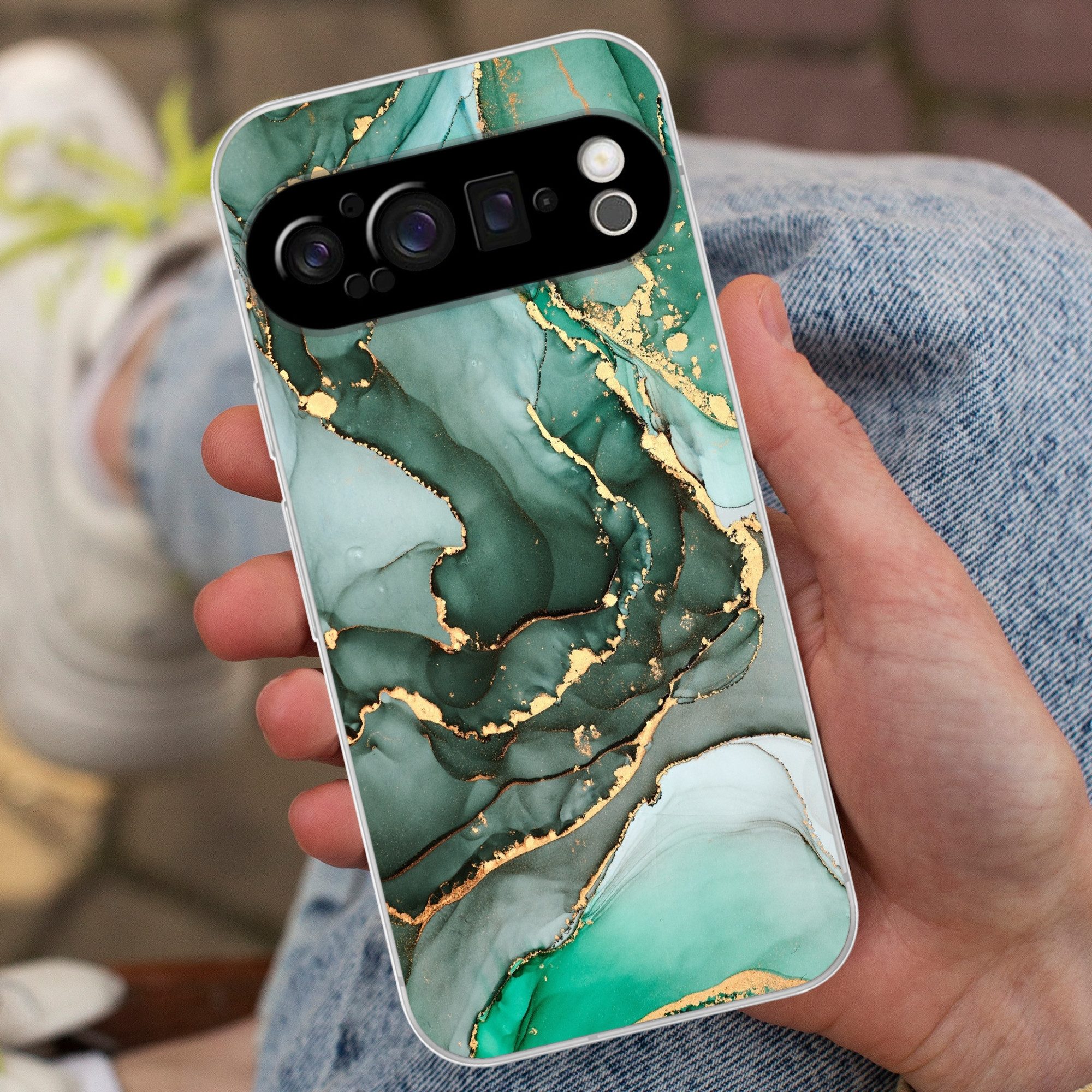 MuchoWow Handyhülle für Google Pixel 9 Pro Gold - Marmor - Grün - Luxus - Marmoroptik - Gr, Phone Case, Silikon, Schutzhülle Dünn
